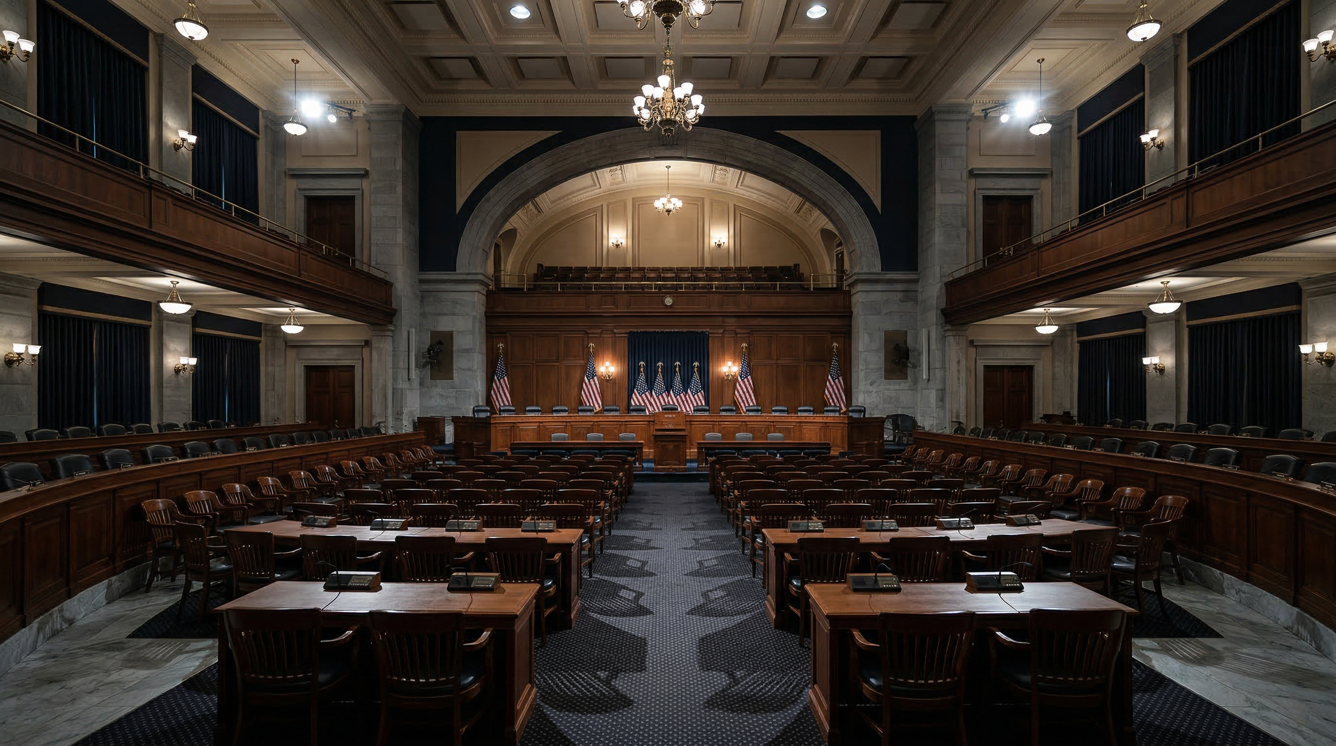 Empty US congressional hearing room with American flags, representing the halls of power where policy decisions are made
