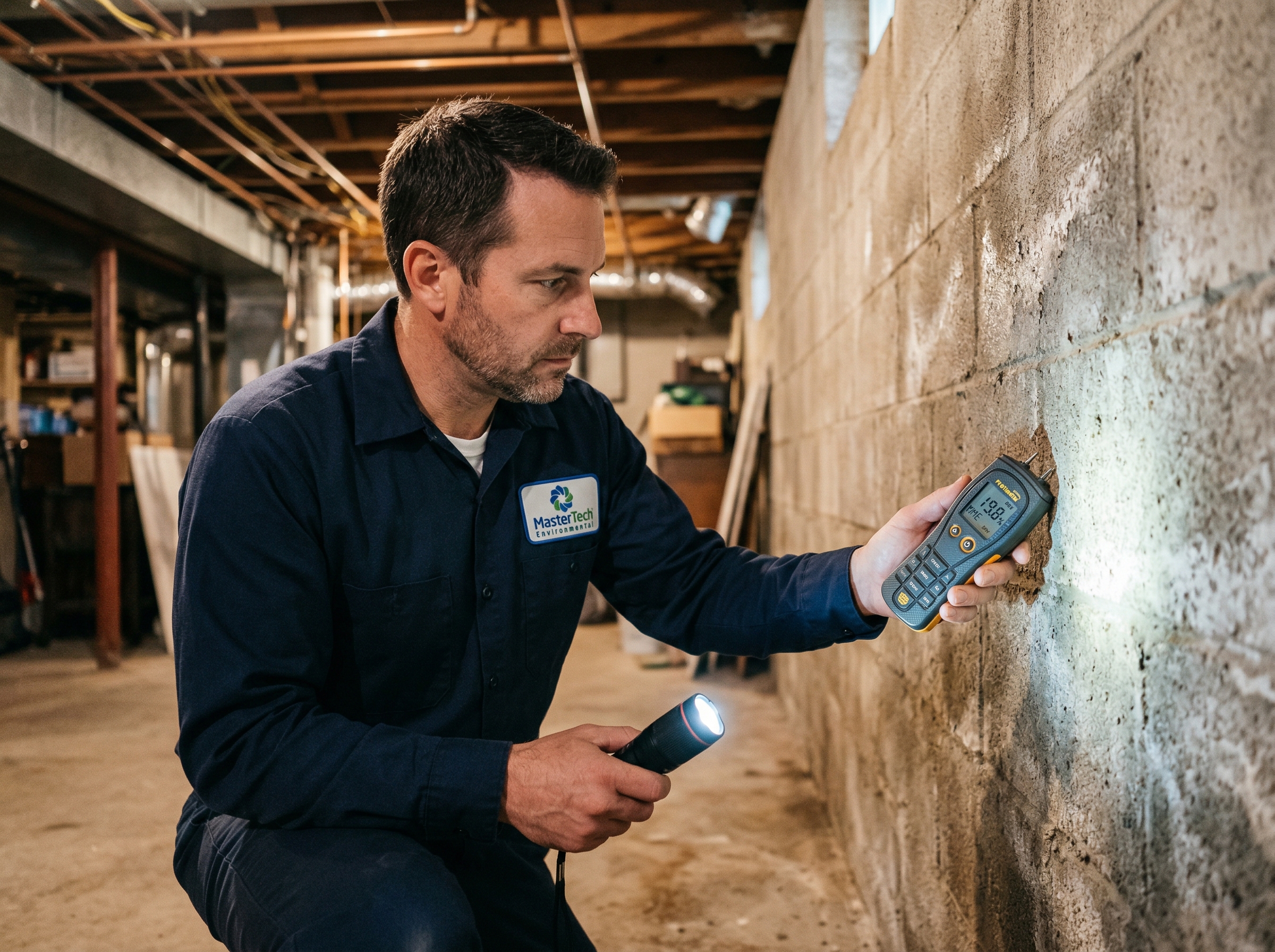 Certified mold inspector using moisture meter in a basement