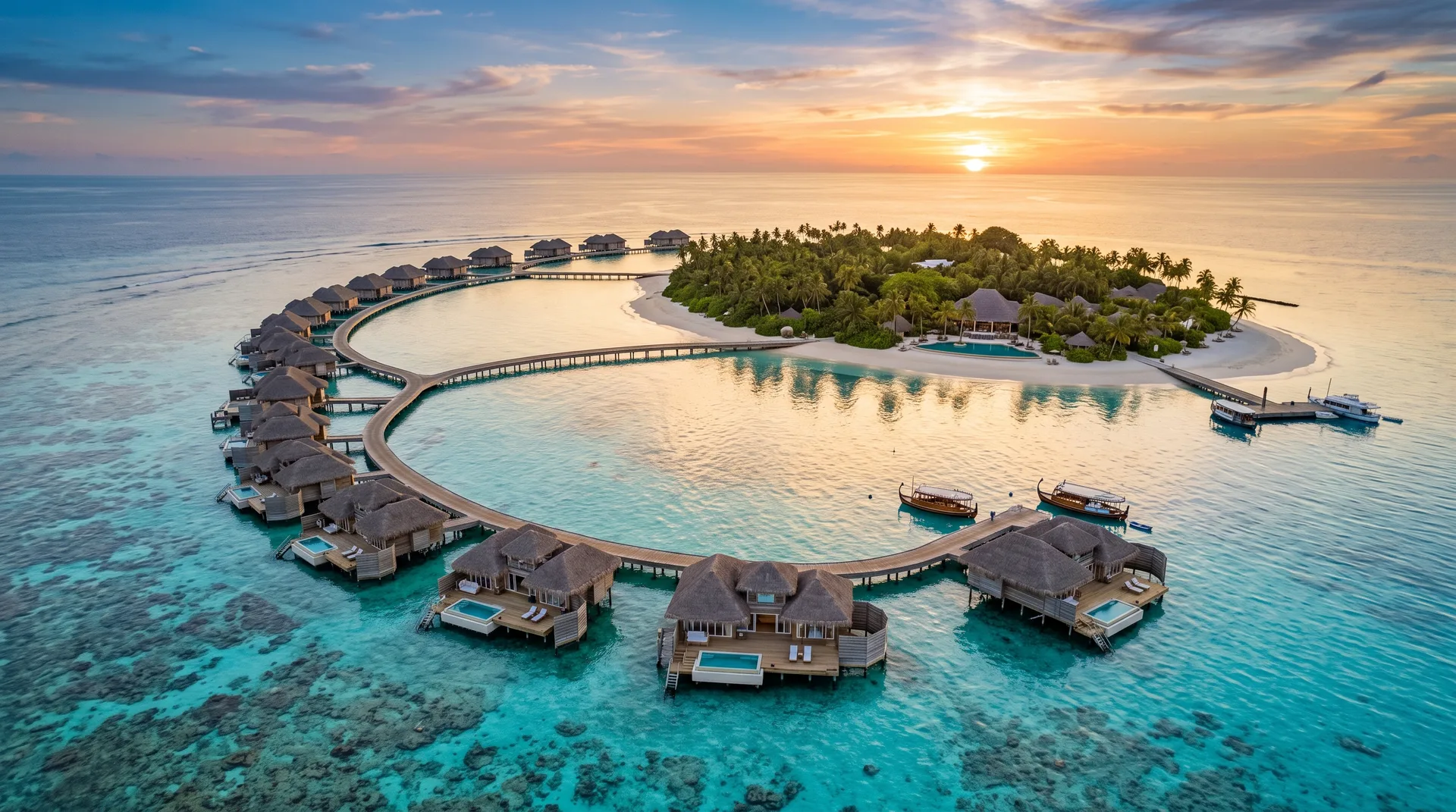 Maldives luxury overwater bungalows at sunset
