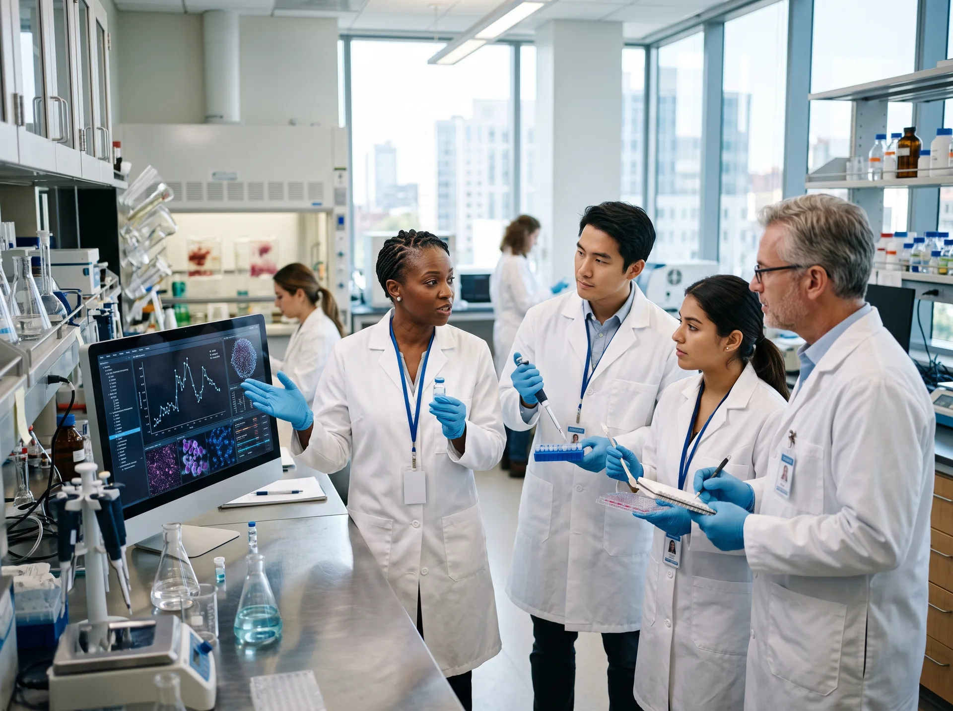 Diverse team of scientists in white lab coats collaborating in a modern oncology research laboratory