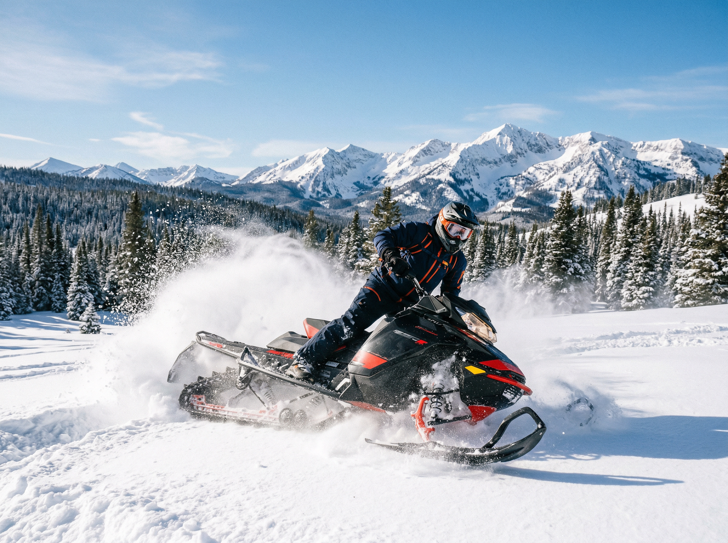 Snowmobiler speeding through deep snow in Montana wilderness with mountain peaks