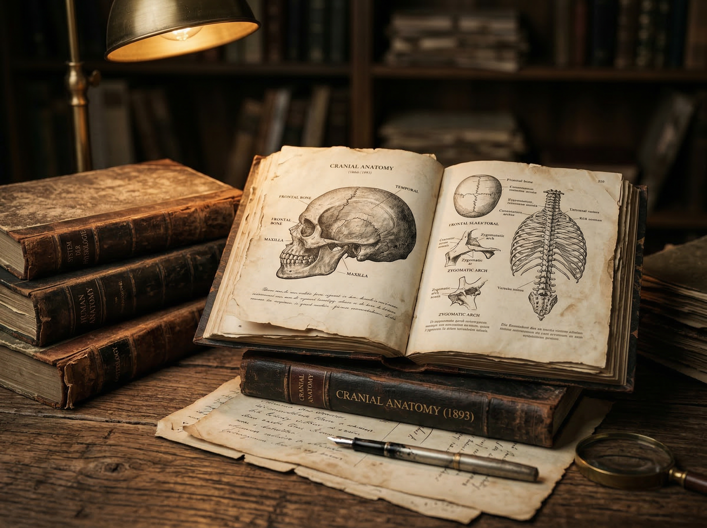 Vintage anatomical reference books on a wooden desk under lamplight, representing historical scientific texts used to justify eugenics