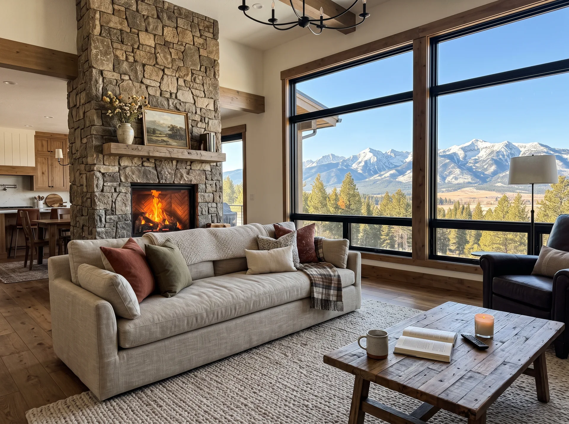 Warm and welcoming luxury vacation rental living room with mountain views and fireplace