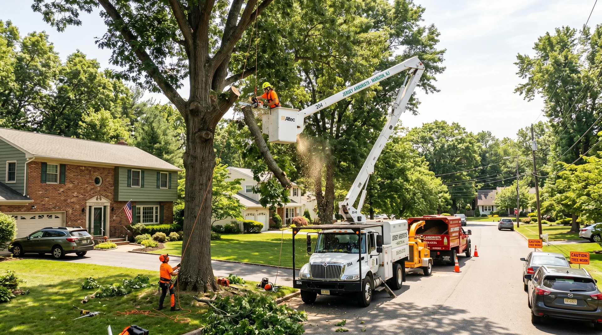 Professional tree removal crew with bucket truck working in Gloucester County NJ