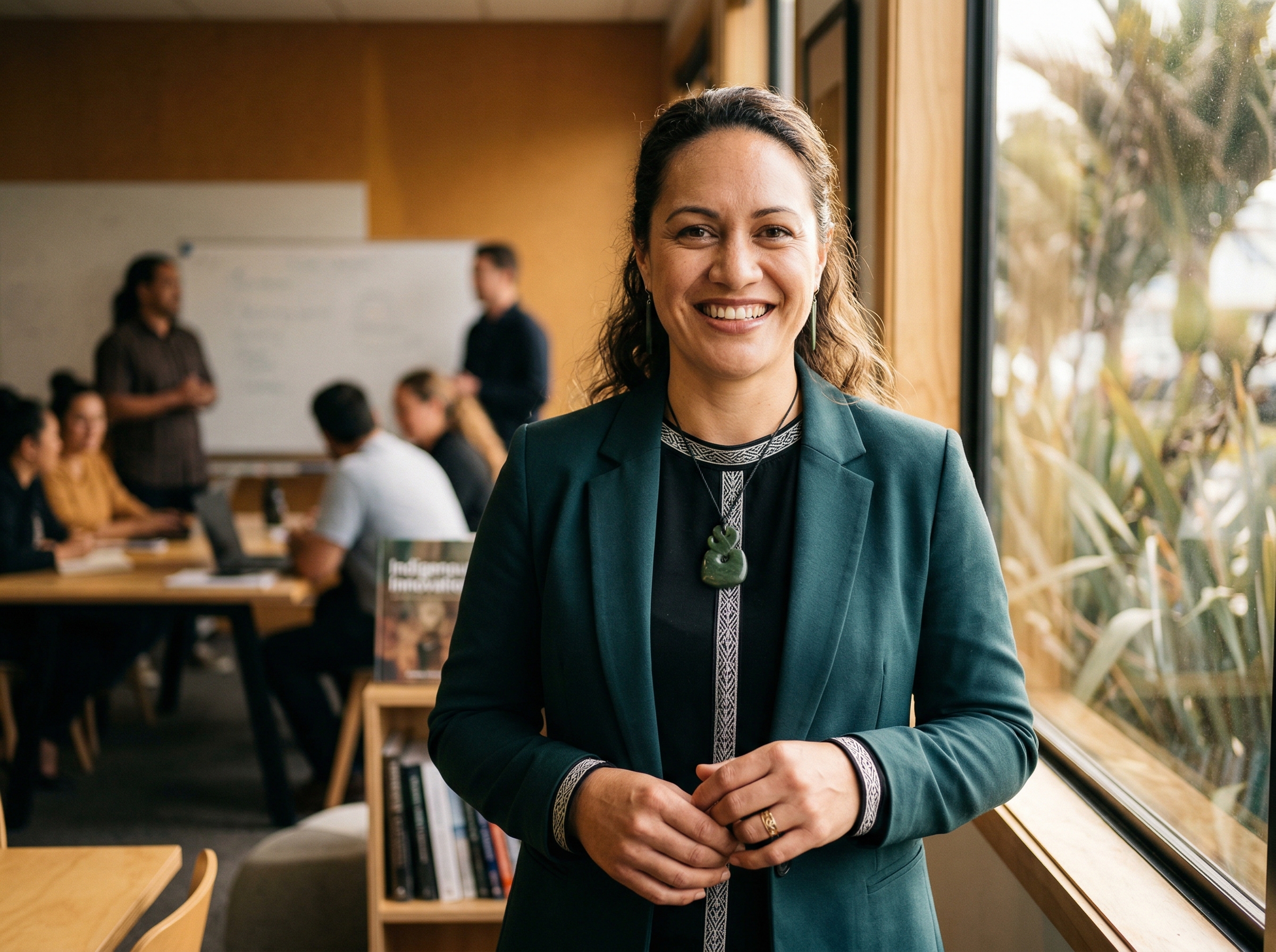 Confident Wahine Maori business leader in a professional workshop environment