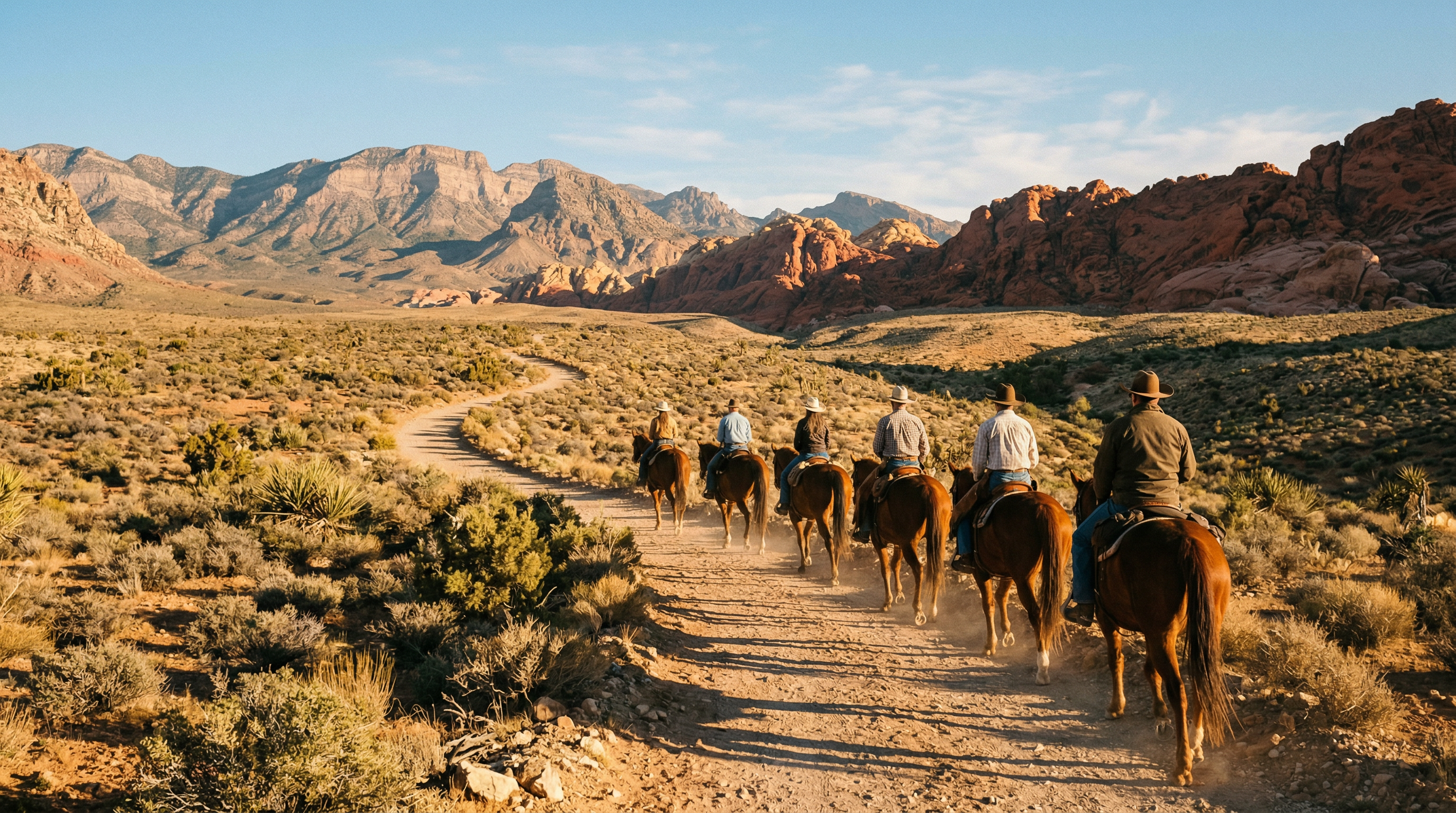 Group of riders on horseback along a scenic Nevada desert trail with red rock mountains