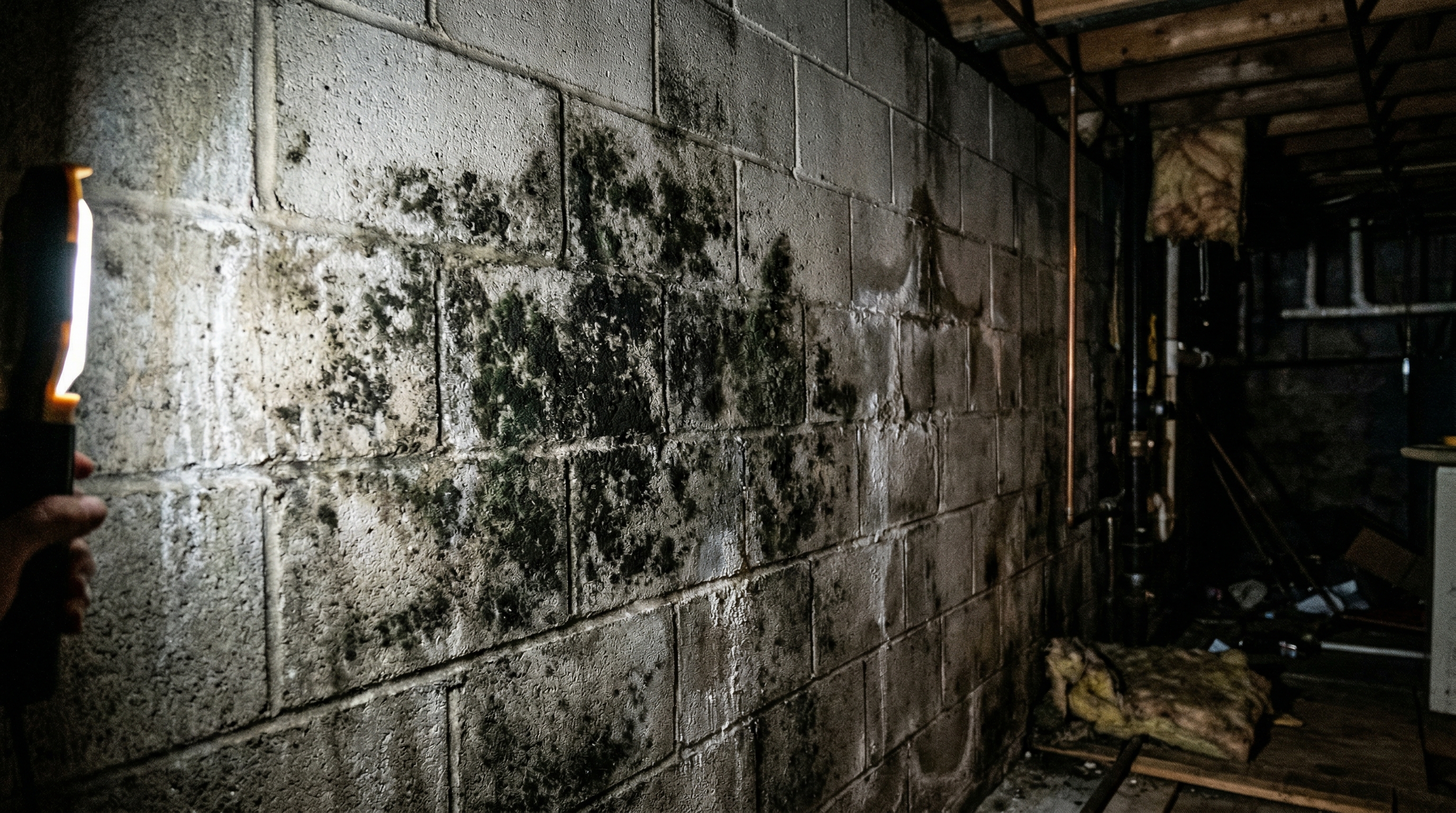 Basement concrete block wall with visible mold growth