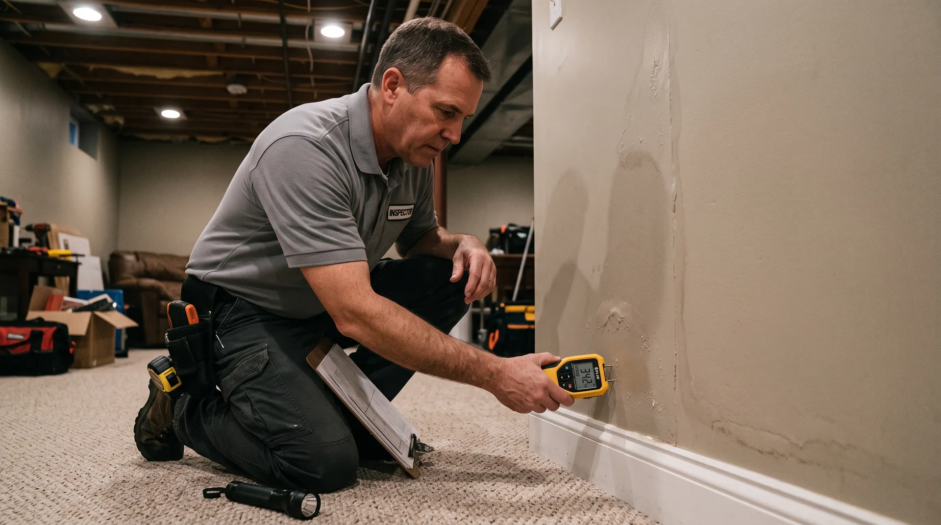 Mold inspector using a moisture meter on the drywall of a finished basement in York PA, checking for hidden moisture behind the wall surface