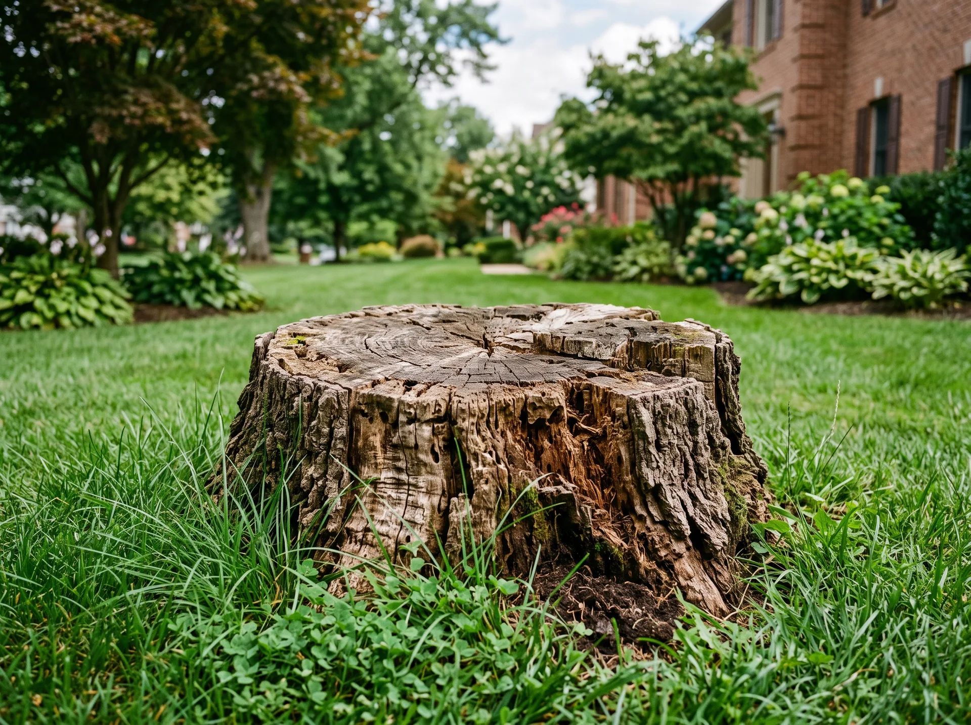 Tree stump in South Jersey residential lawn before grinding