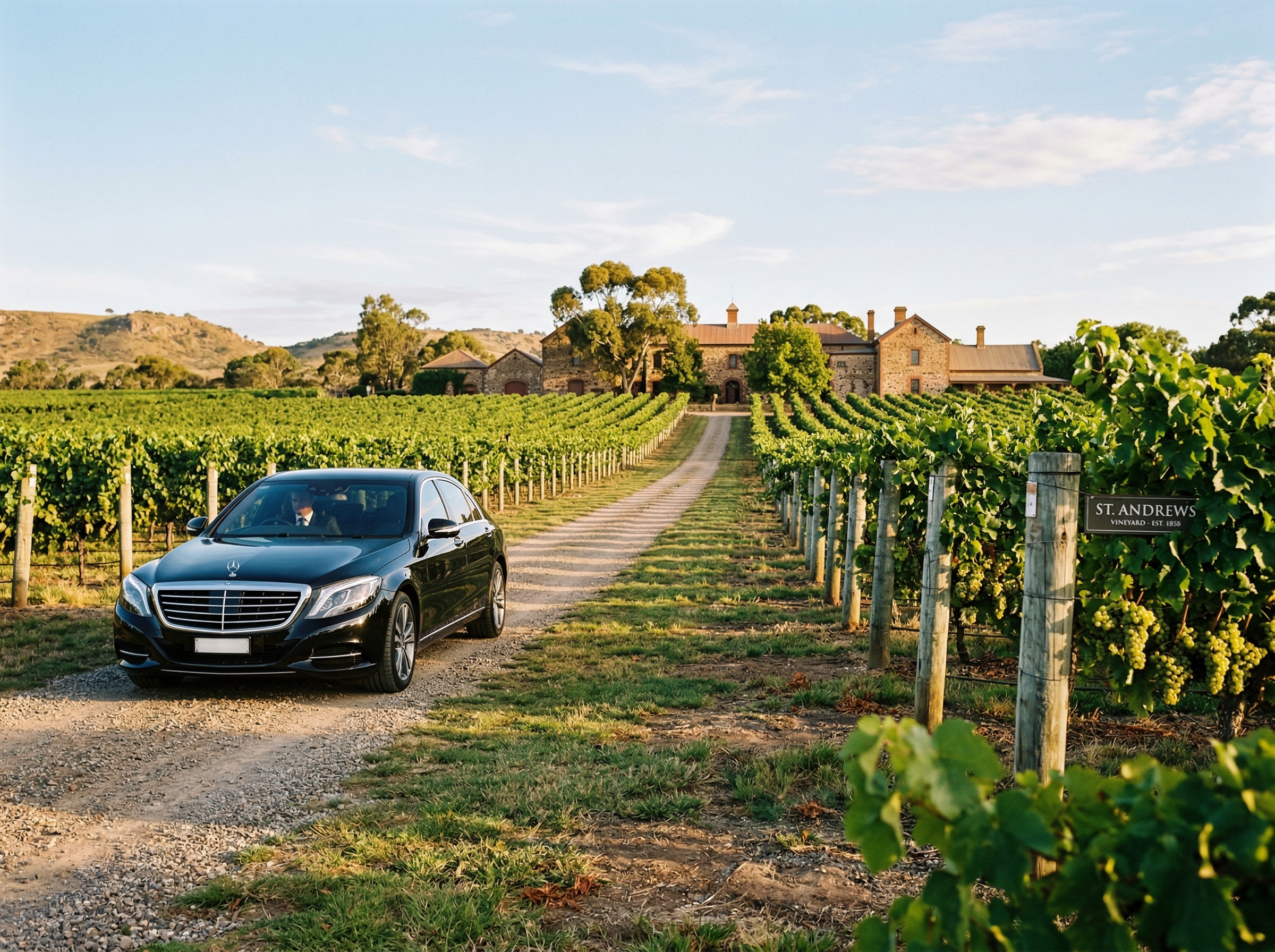 Luxury chauffeured vehicle at Barossa Valley winery with stone building and vineyard rows