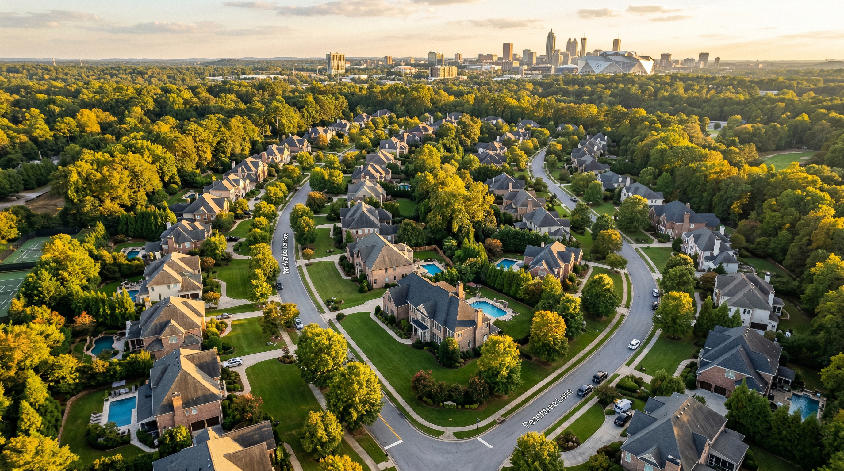Aerial view of affluent Atlanta neighborhood with tree-lined streets and beautiful homes