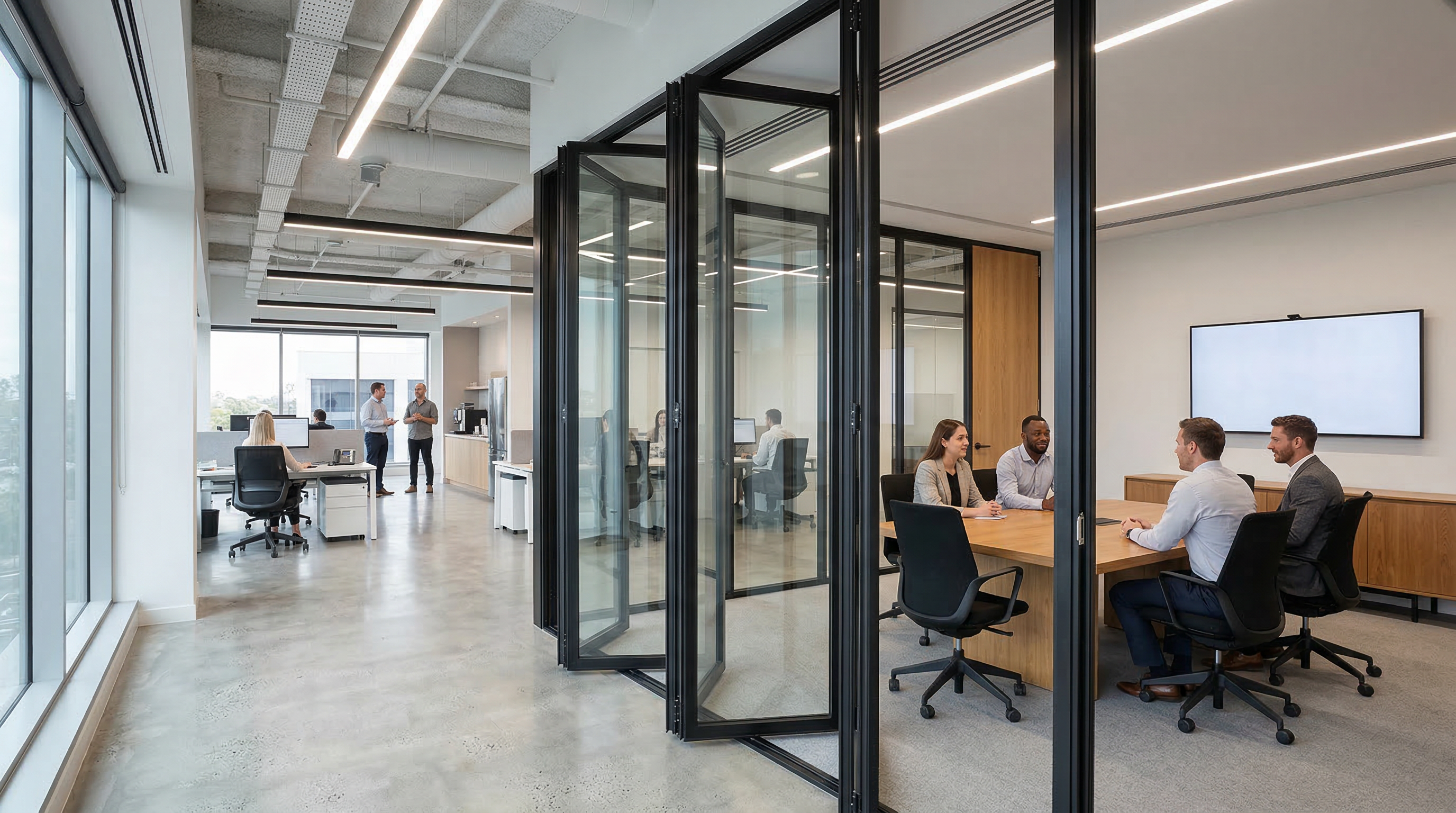 Glazed folding partition wall in modern commercial office interior — movable acoustic wall specification