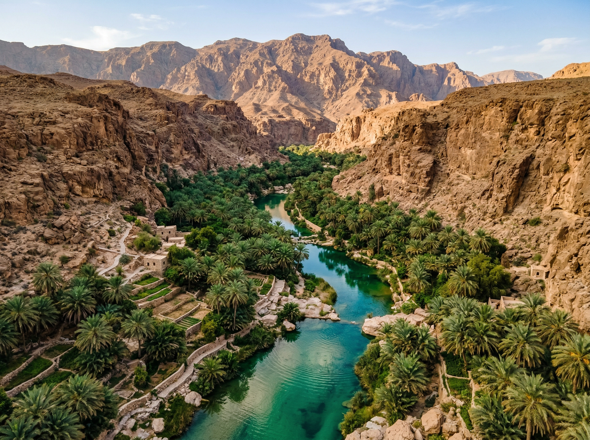 Wadi Tiwi — lush green oasis with turquoise water between canyon walls, Oman