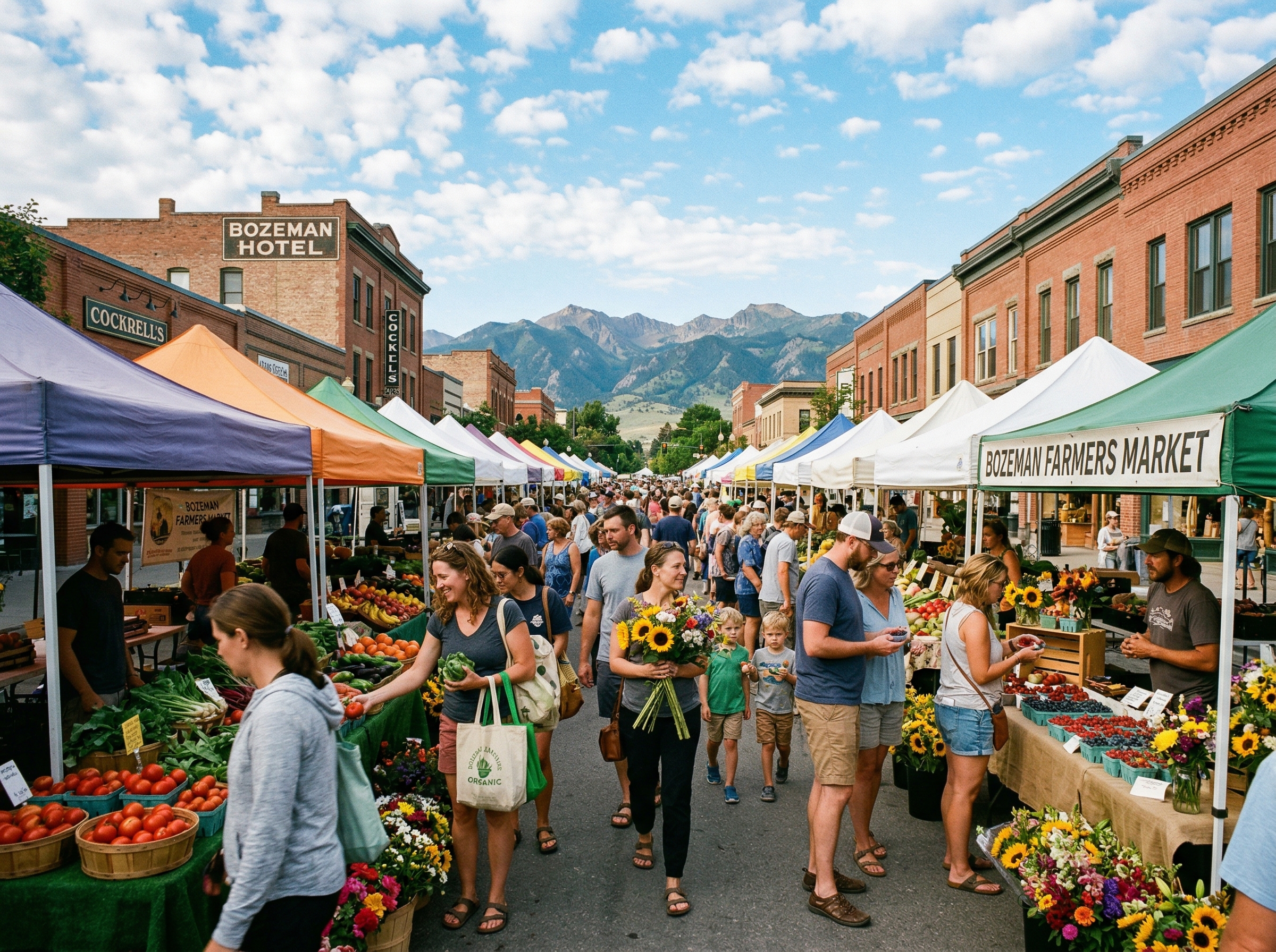 Bozeman Farmers Market on Main Street with fresh produce and mountain views