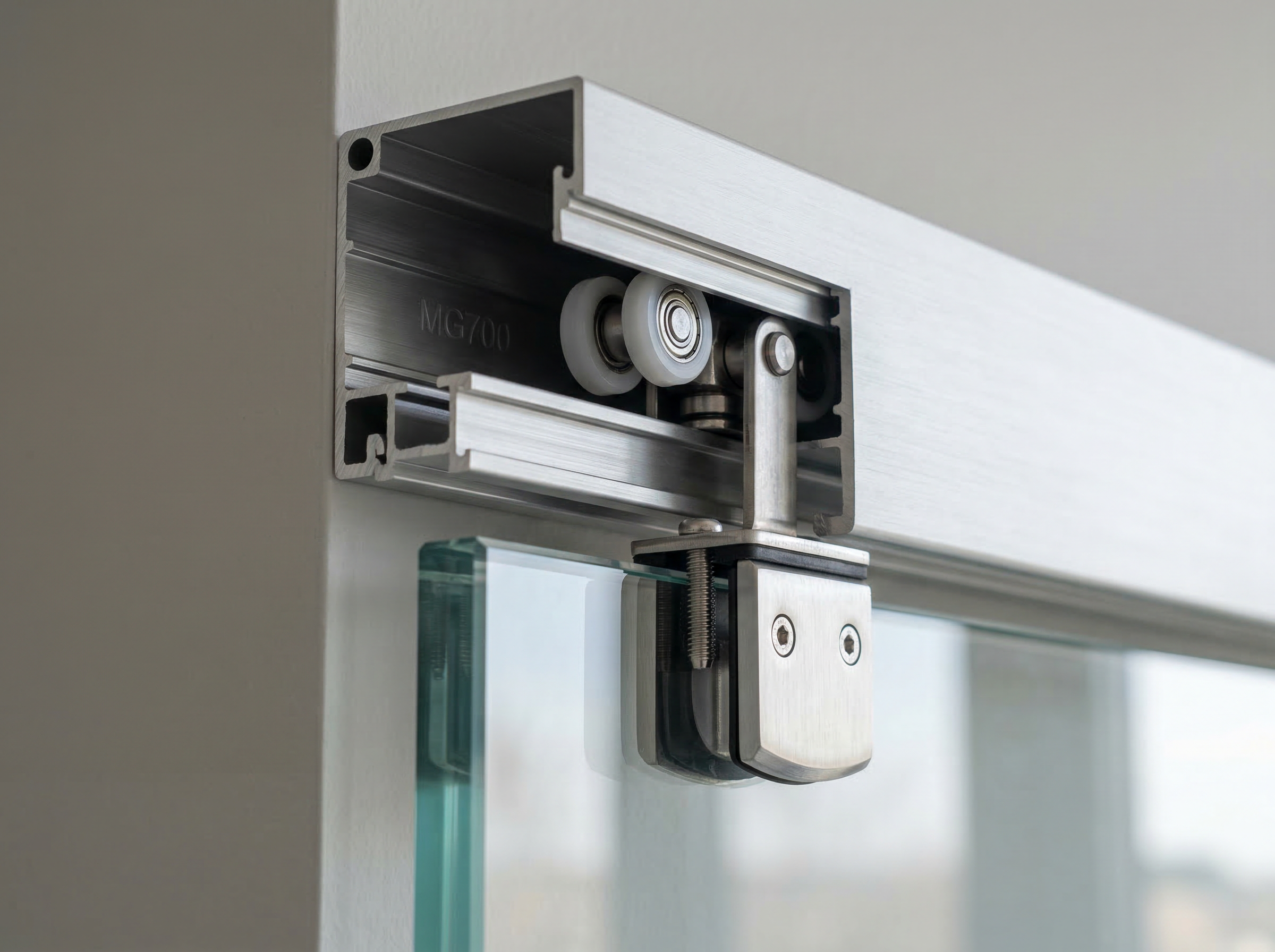 MG700 top-hung sliding glass panel hardware detail showing SAA aluminium rail and precision carriage mechanism