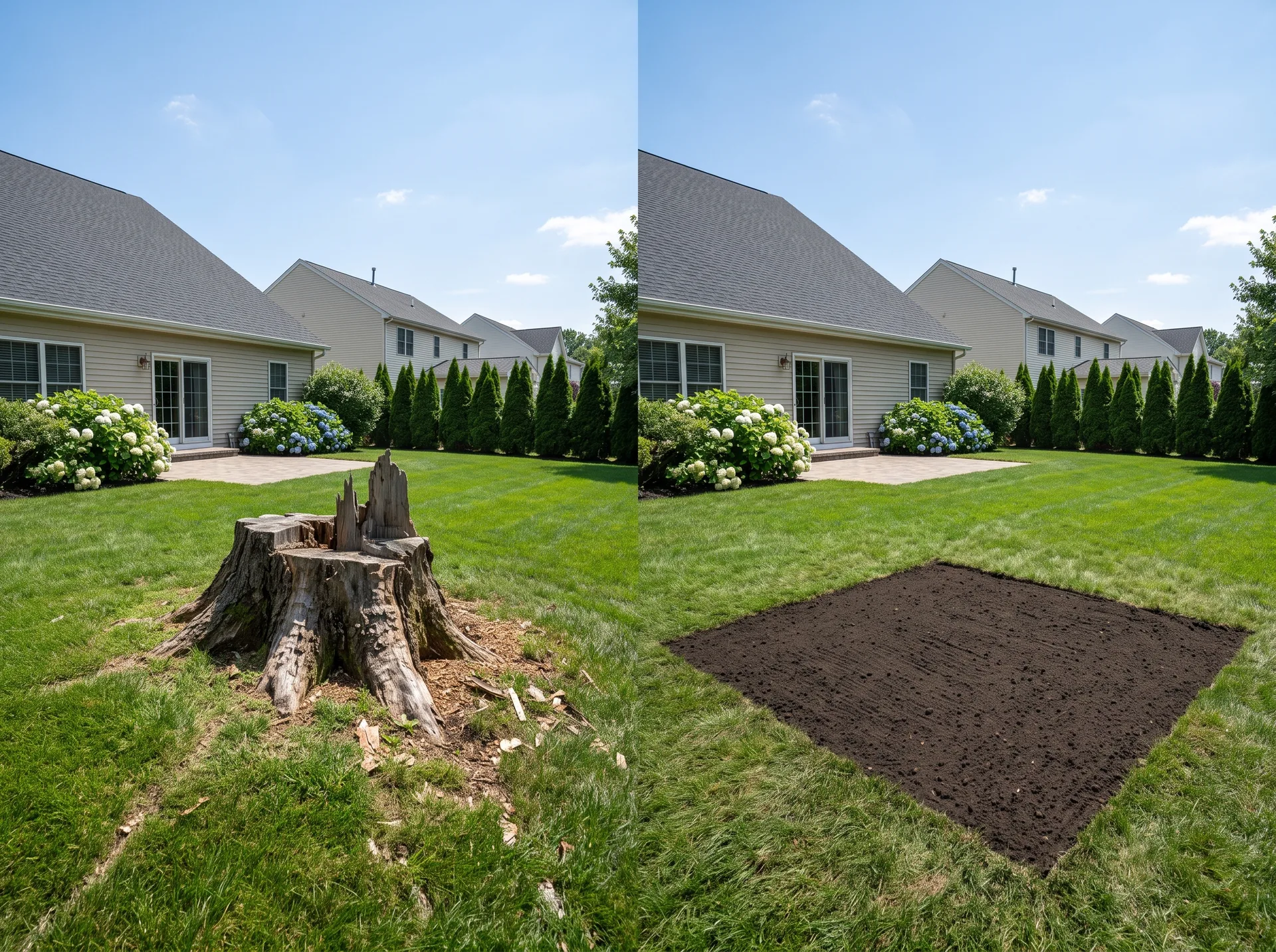 Before and after stump grinding - stump removed and yard restored