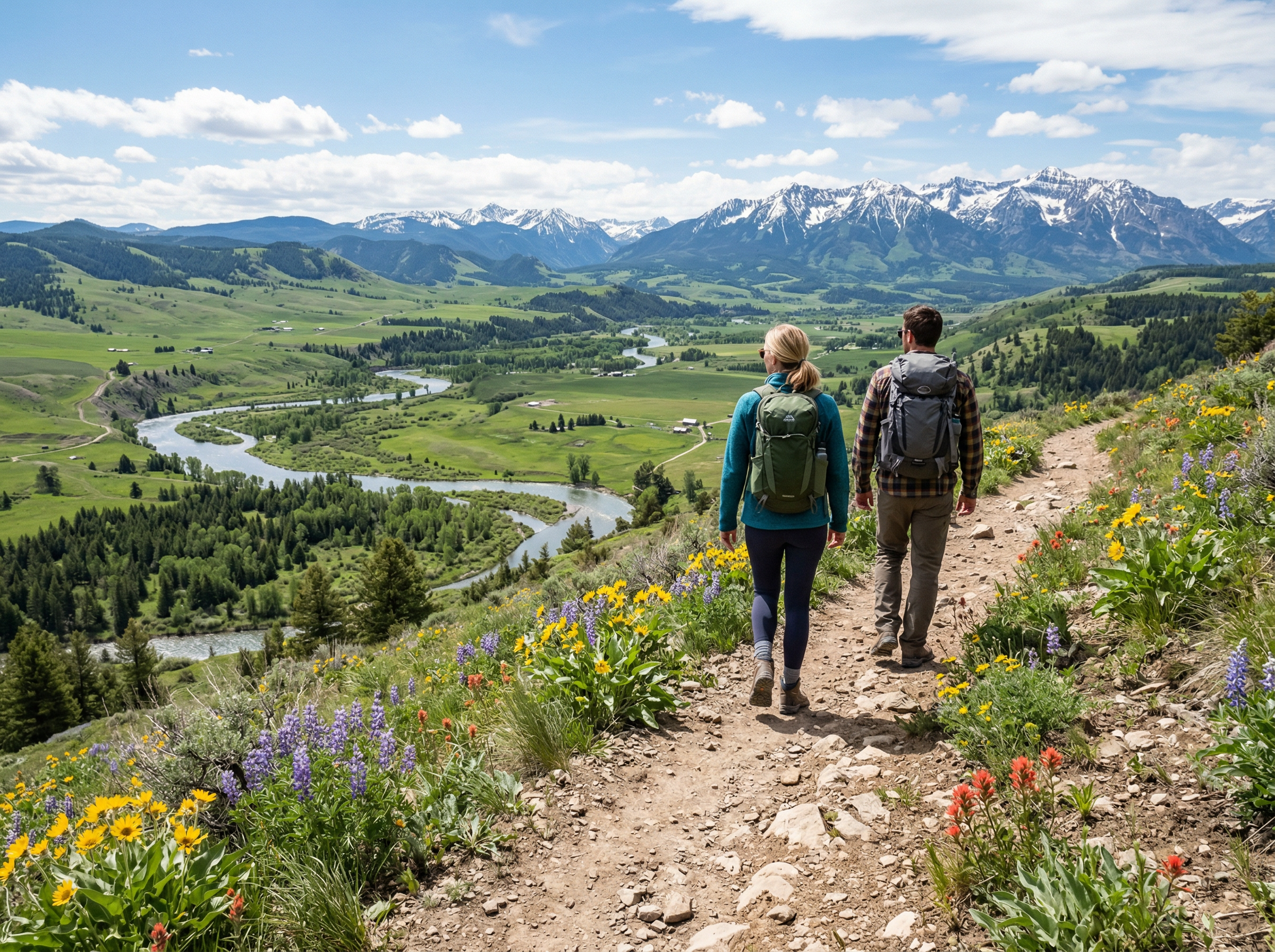 Hikers on a spring trail overlooking a sweeping Montana valley with river and mountains