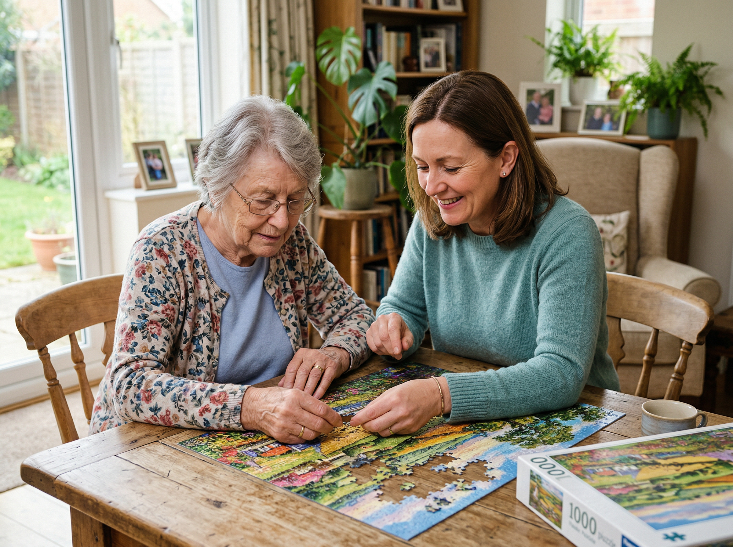 Adult daughter and elderly mother doing a jigsaw puzzle together at home