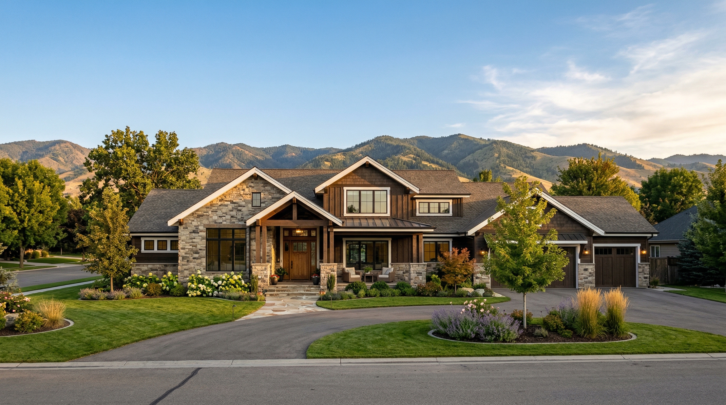 Beautiful craftsman home exterior in Treasure Valley Idaho with mountain backdrop