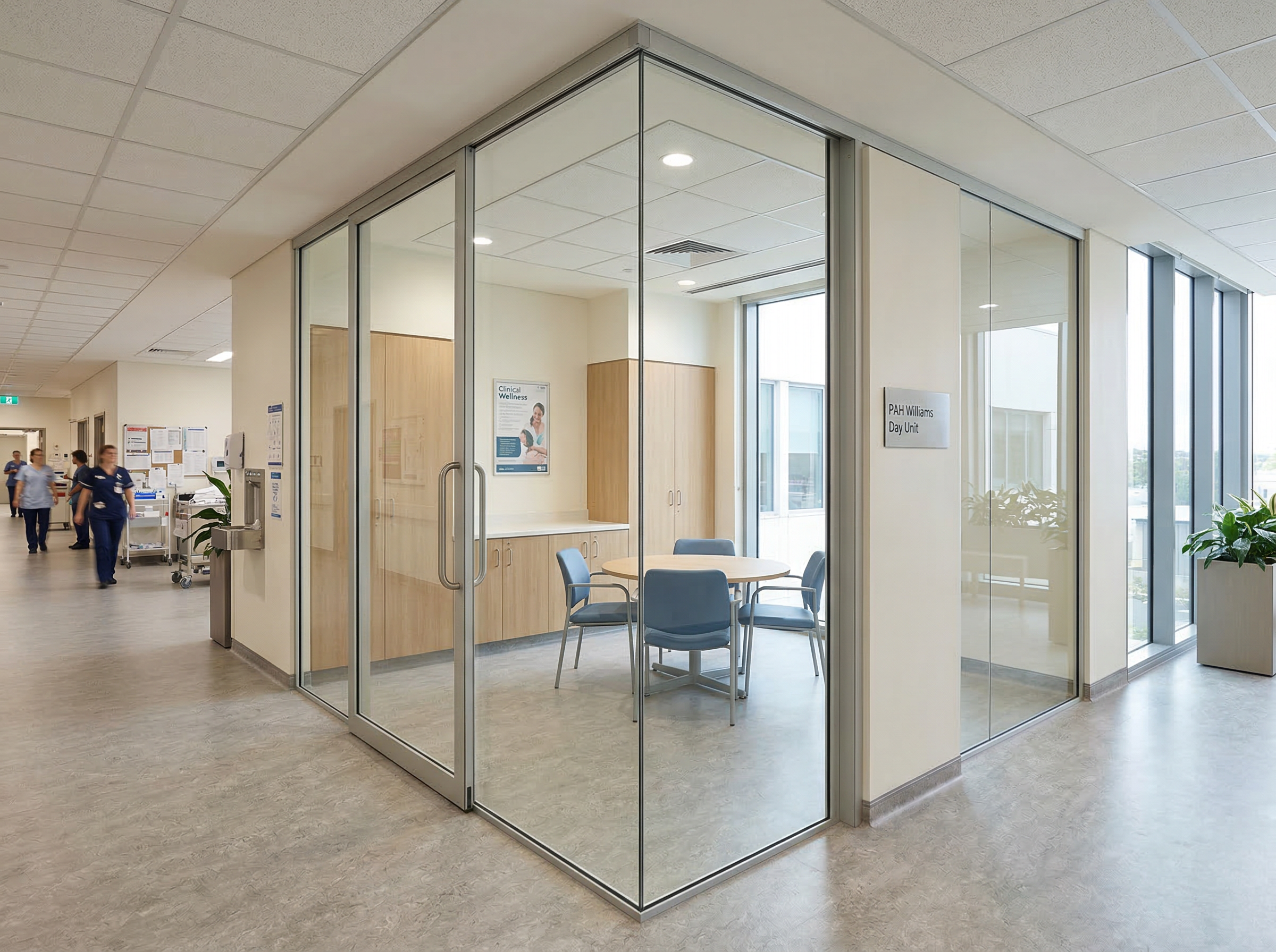 PAH Williams Day Unit with MG700 glass sliding panels forming a corner office enclosure