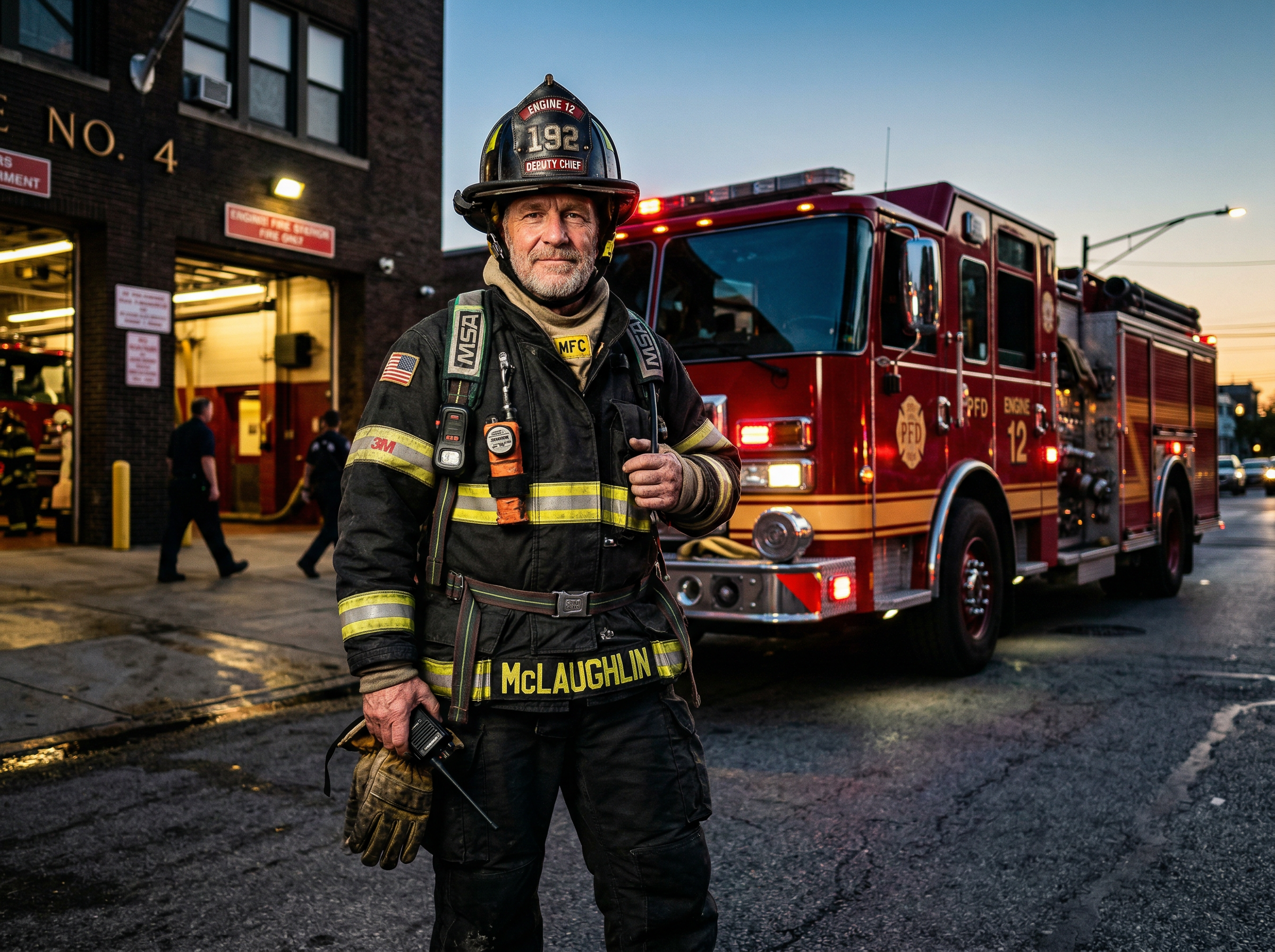 Firefighter in full gear standing in front of a fire truck at dusk