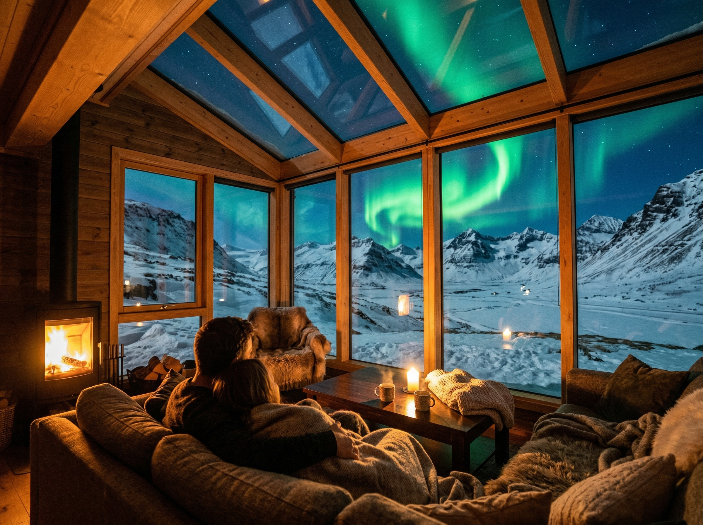 Couple watching aurora borealis from a cozy glass-roof cabin in Iceland