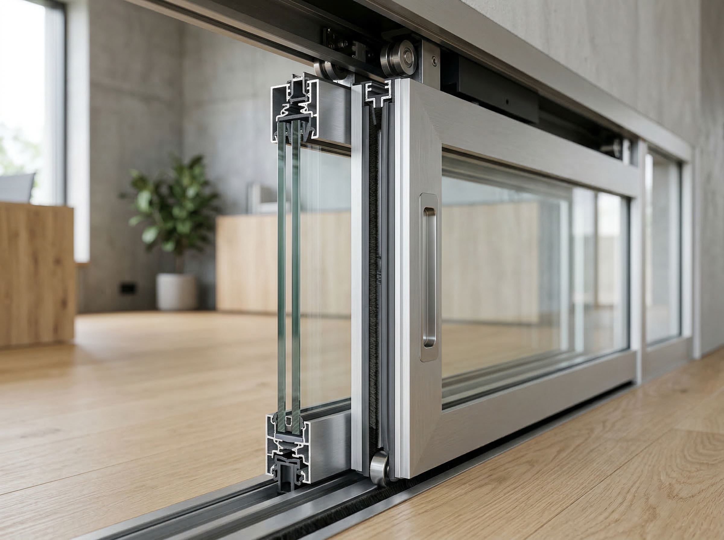 MG500 glazed sliding door acoustic seal and track detail