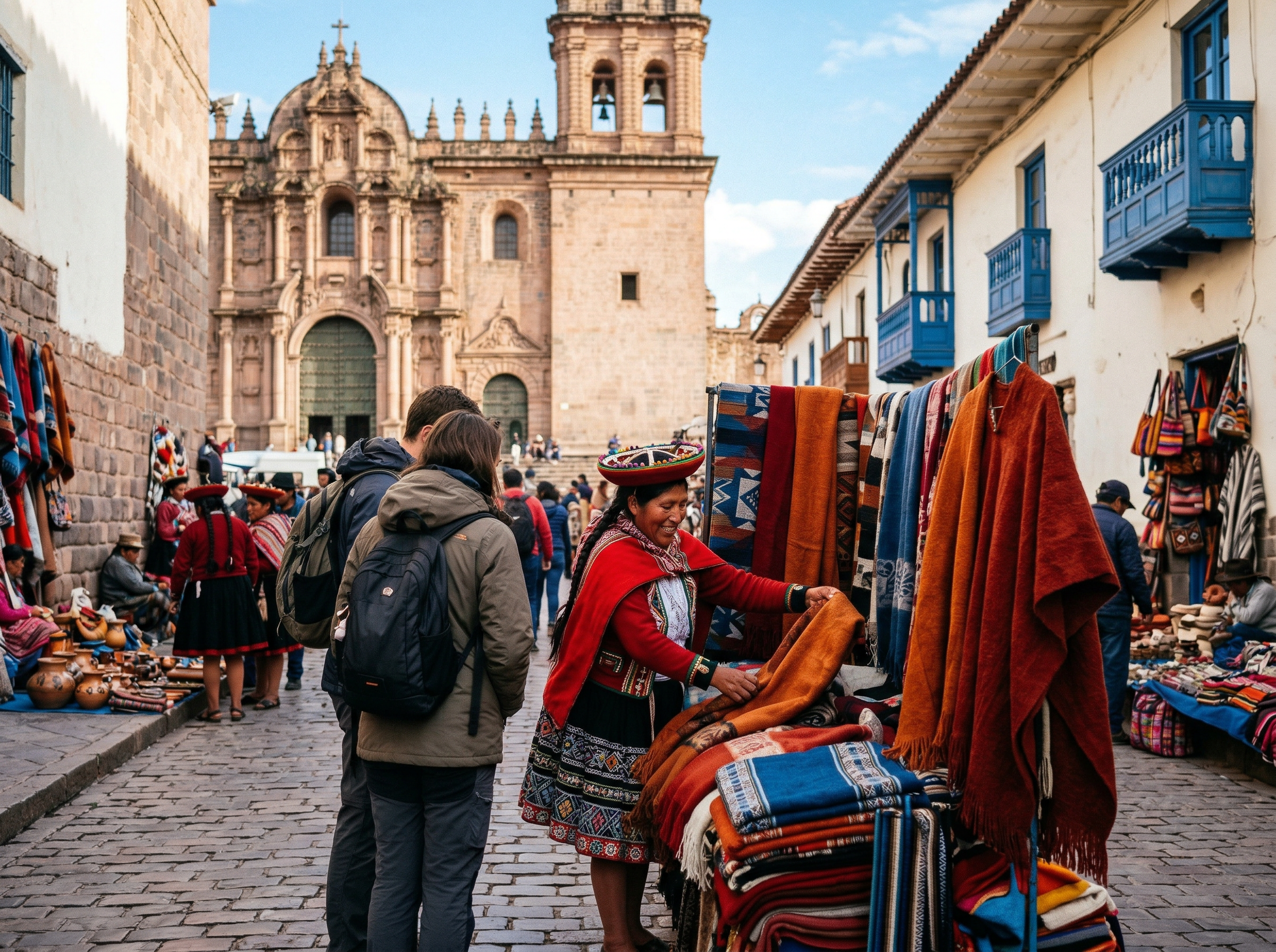 Cusco Peru market street with colorful textiles and colonial church in background