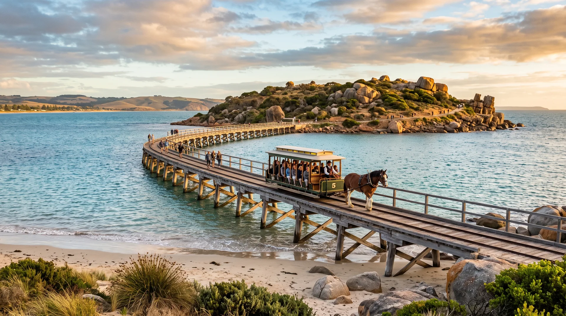 Victor Harbor causeway with horse-drawn tram and Granite Island, Fleurieu Peninsula South Australia
