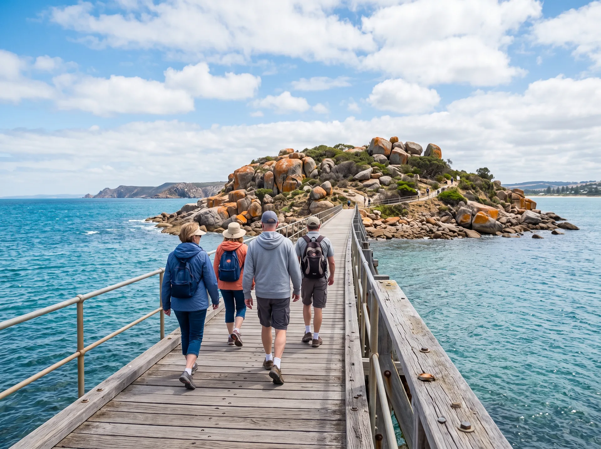 Visitors walking the Granite Island causeway at Victor Harbor with the island in the background