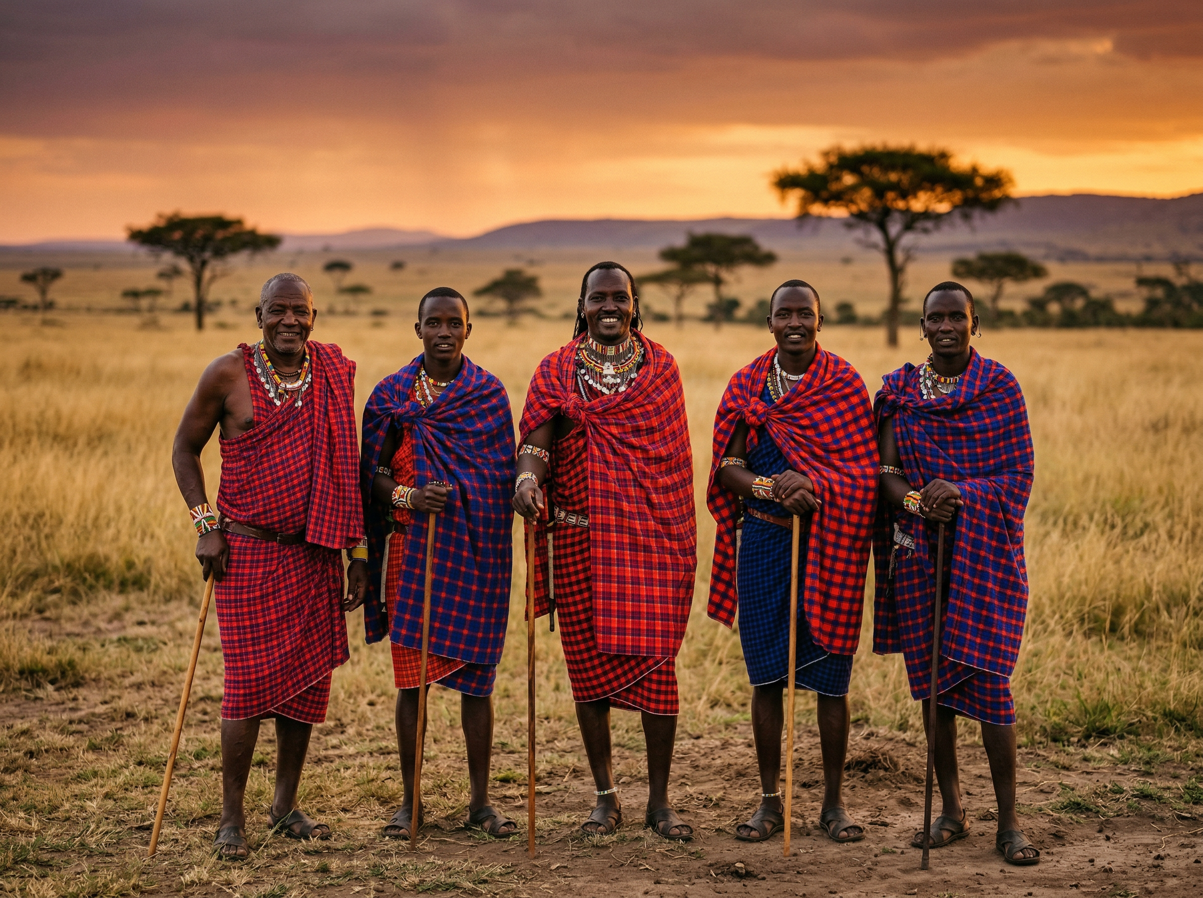 Maasai warriors in traditional red shukas on the African savanna at sunset