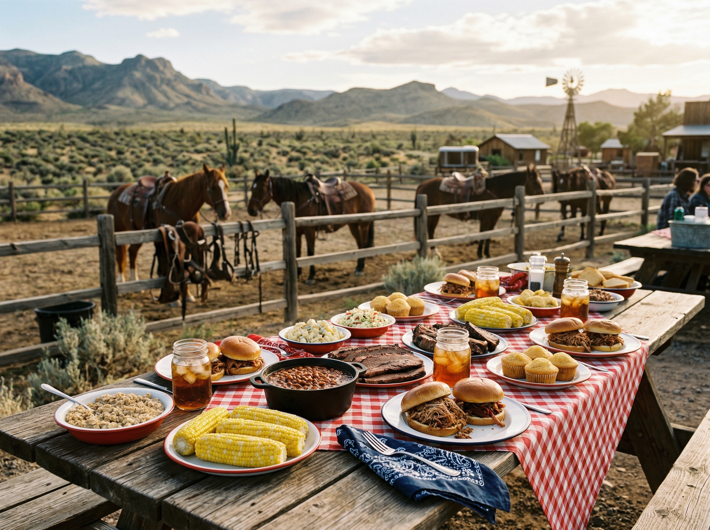 Western BBQ feast at a Nevada ranch with horses in background