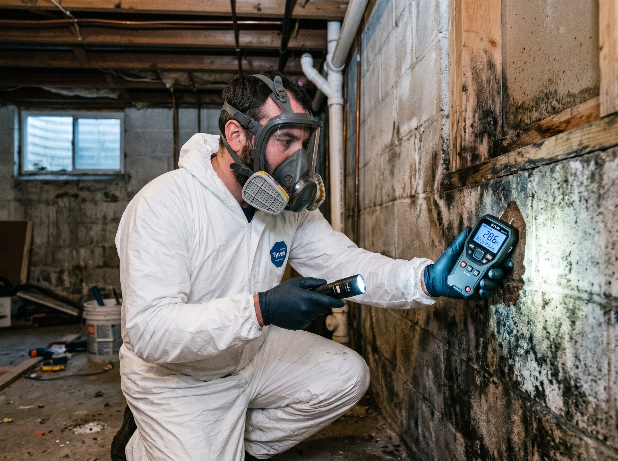 Certified mold inspector in protective gear using moisture meter in basement