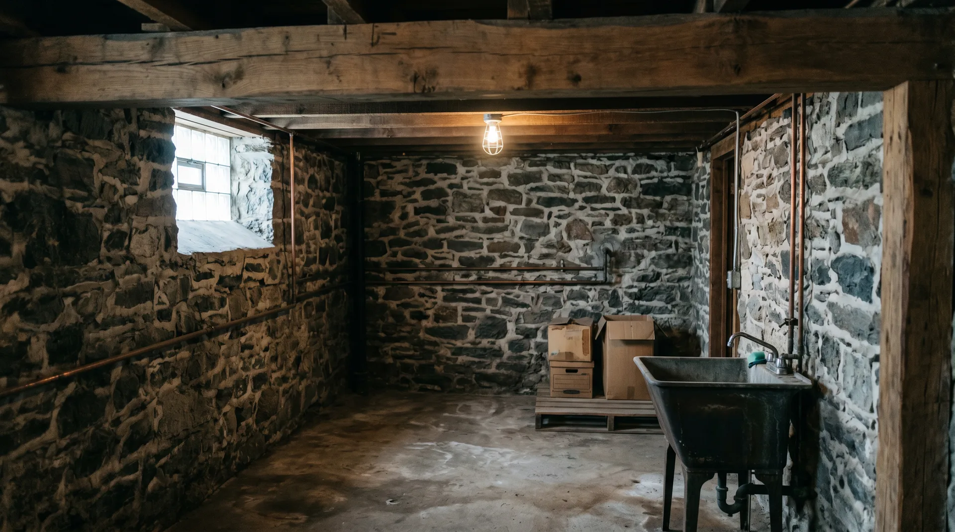 Older York Pennsylvania basement with stone walls and wood beams - typical environment where earthy smells originate