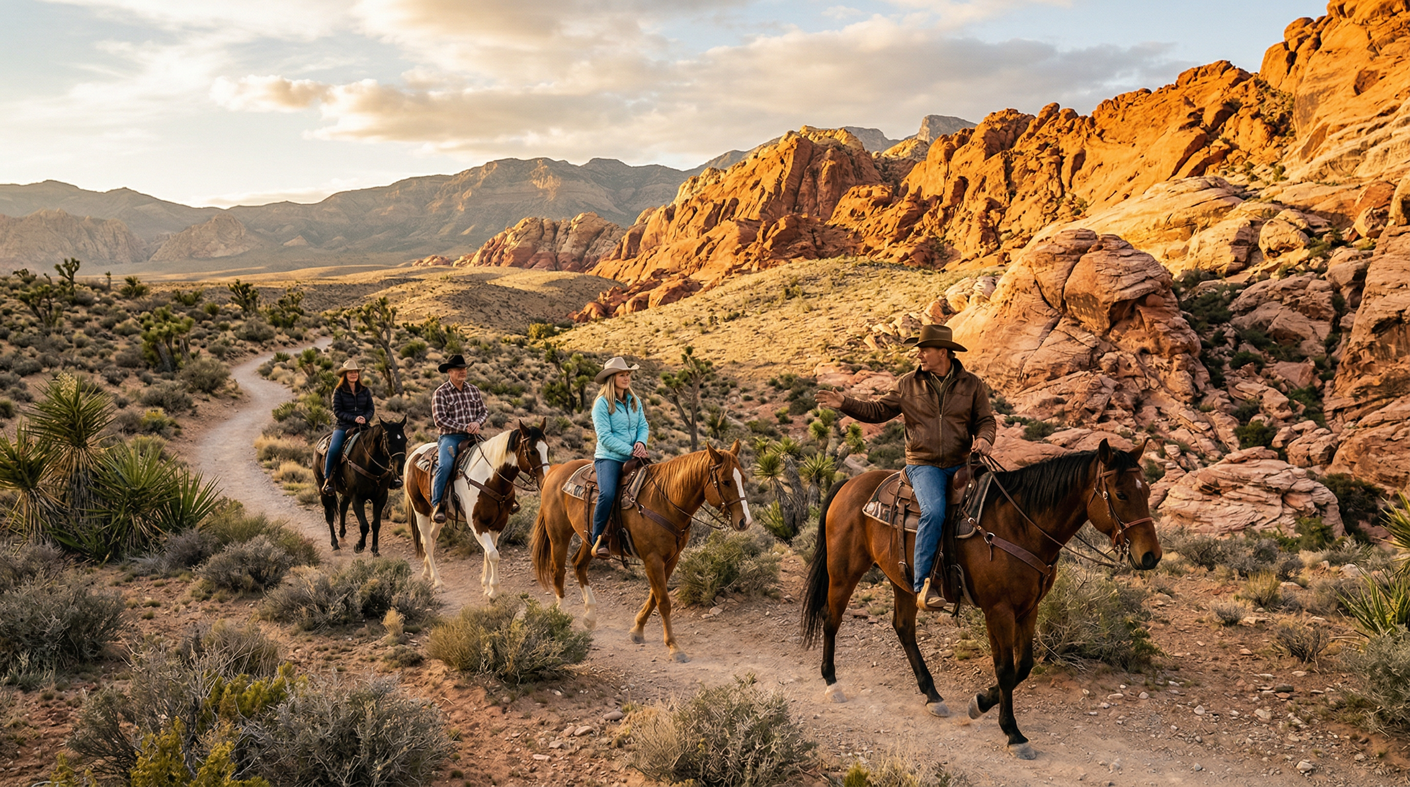 Group of riders on horseback through scenic Nevada mountain desert landscape