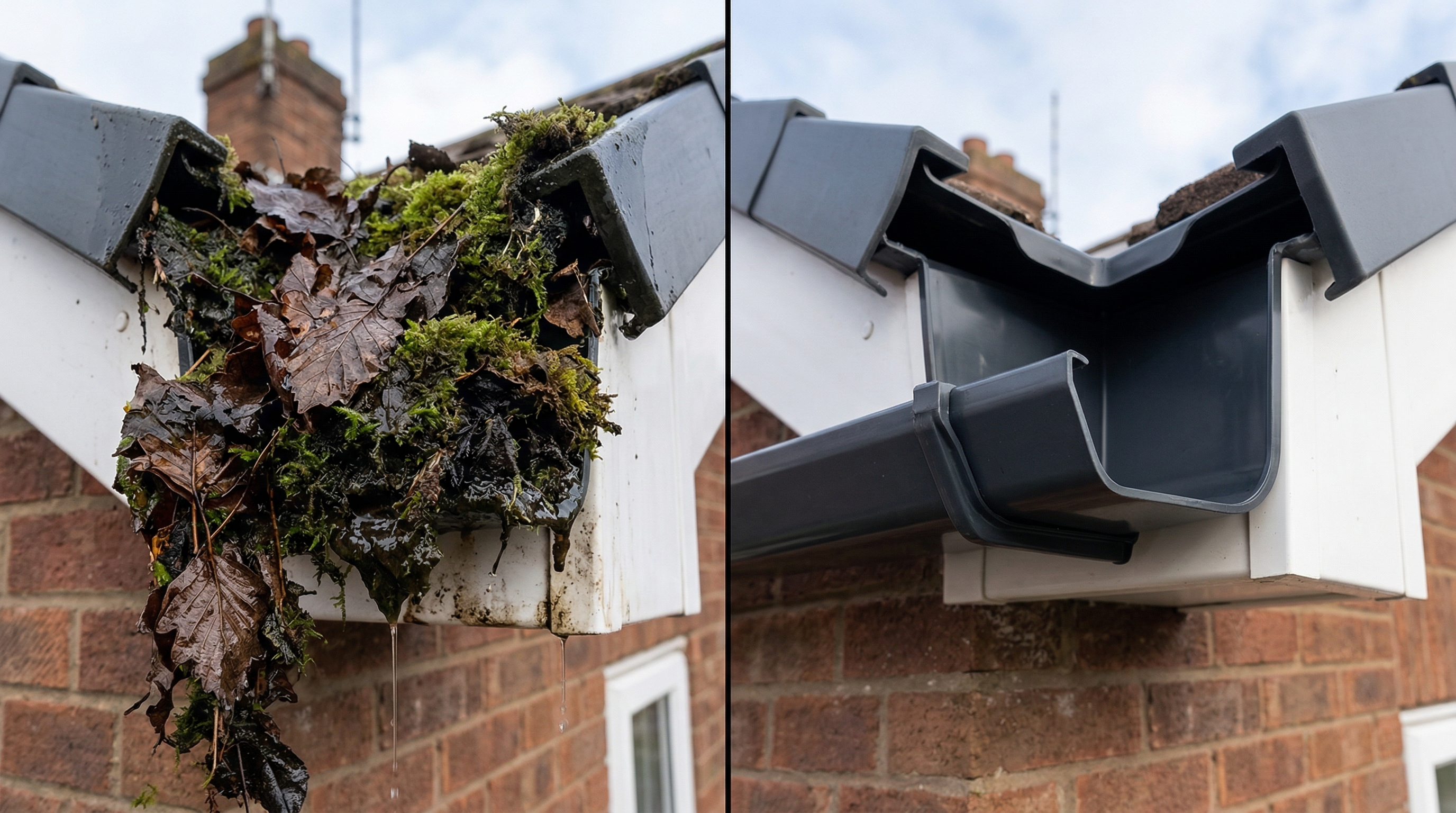 Before and after gutter cleaning — leaves and moss removed from blocked gutters