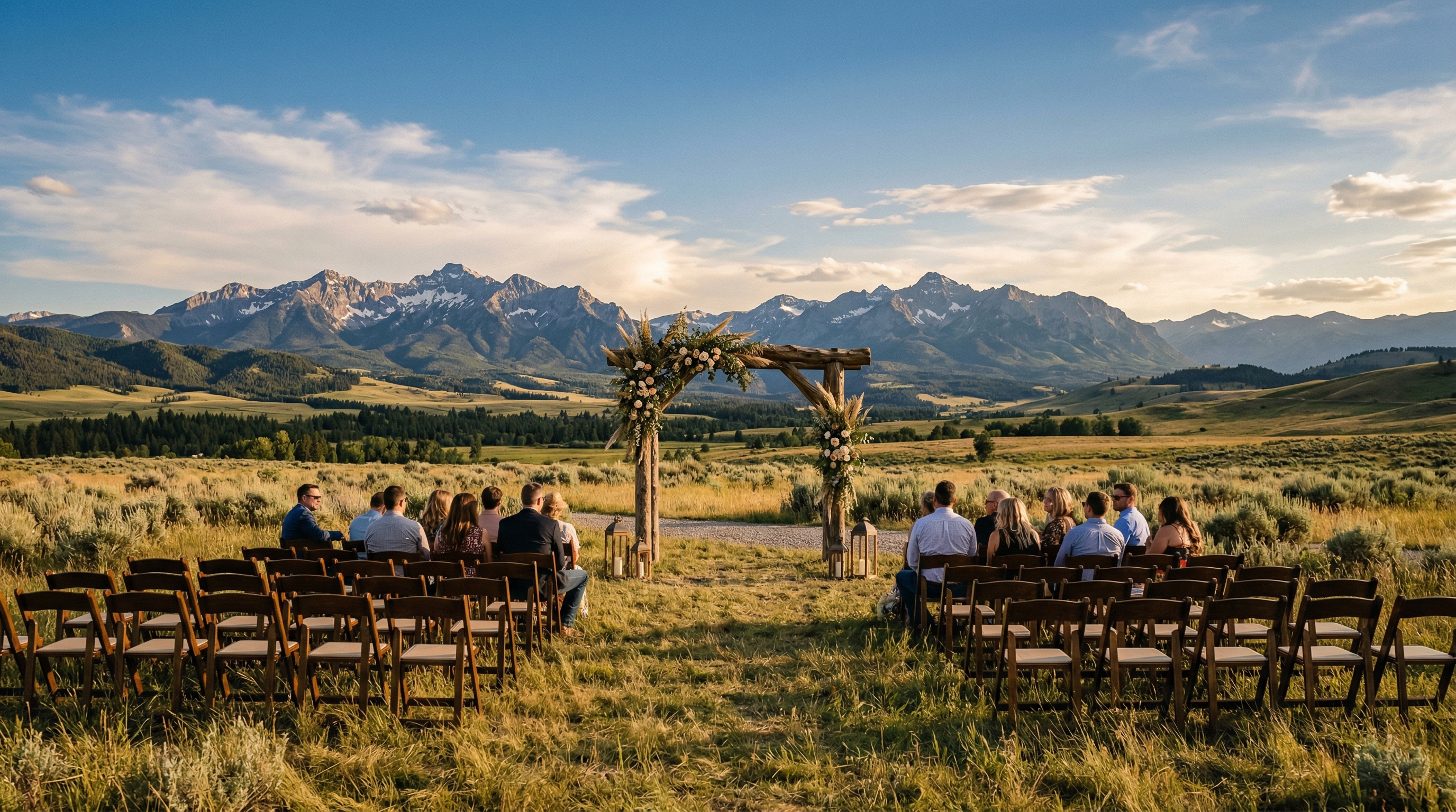 Rockin TJ Ranch Bozeman Montana outdoor wedding ceremony with wooden arch and sweeping mountain views under big sky