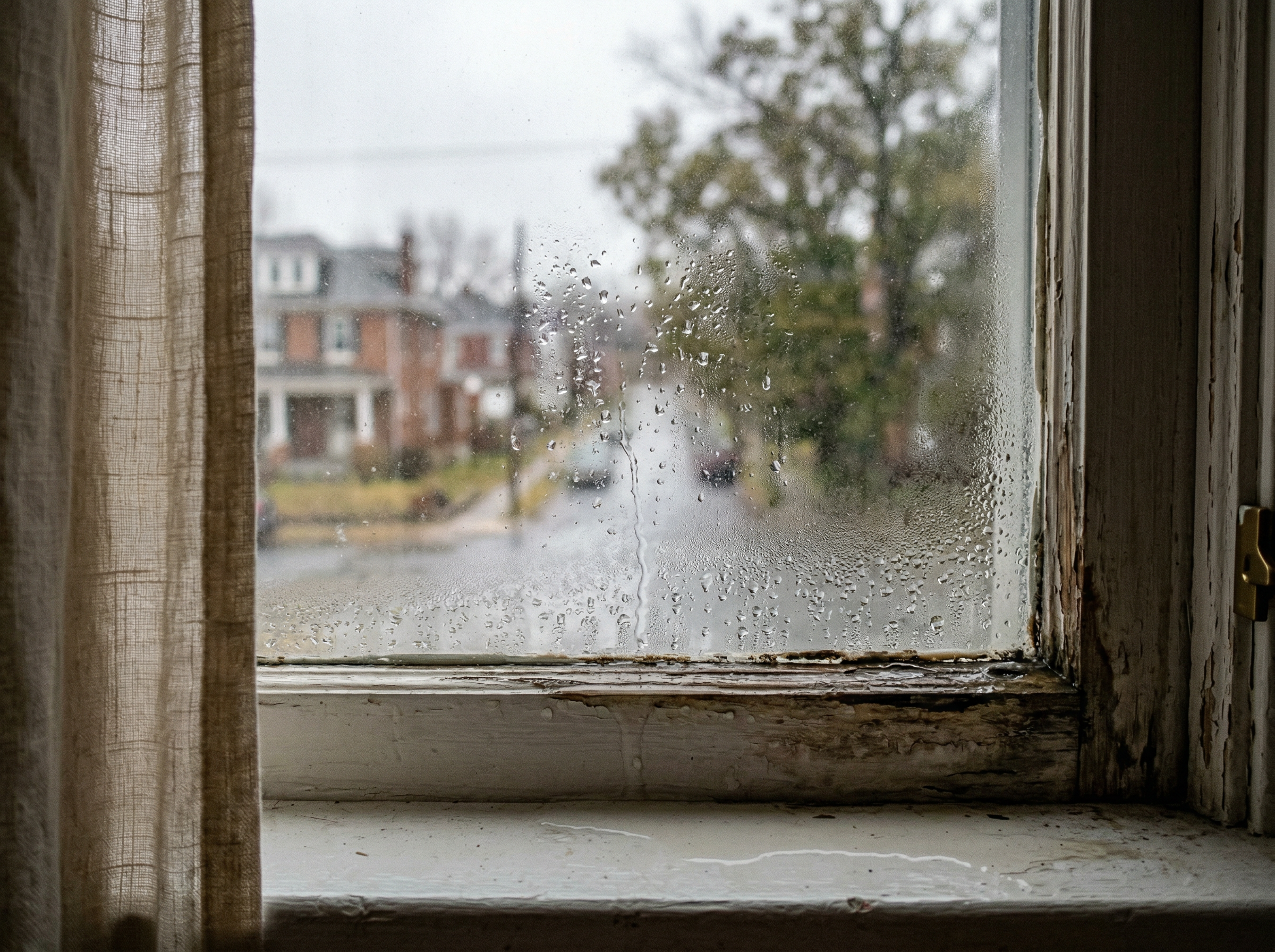 Condensation and water droplets on a residential window showing high indoor humidity in York PA home