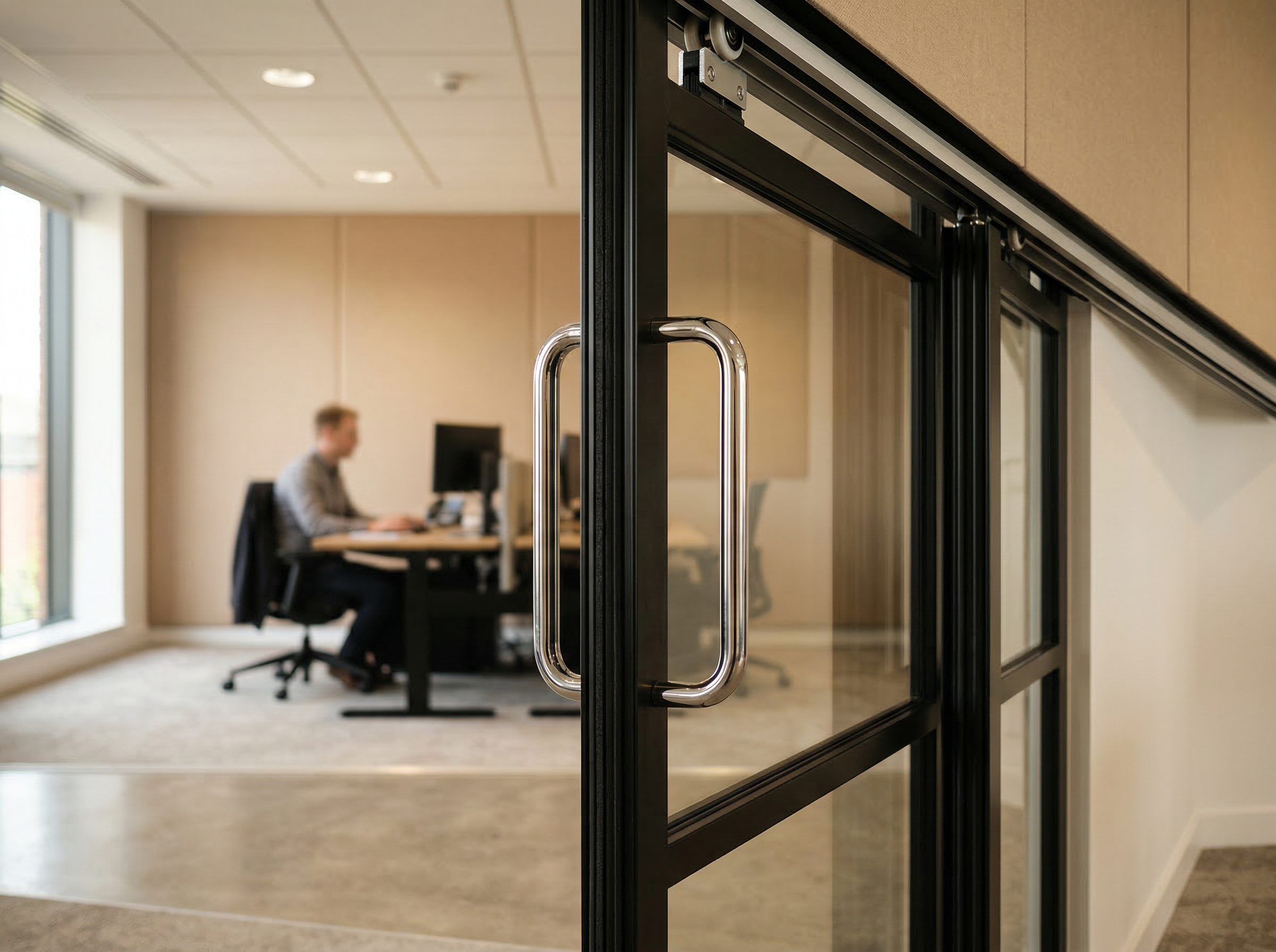 Close-up of MG900 Crittall-style black steel frame sliding acoustic door with chrome handle
