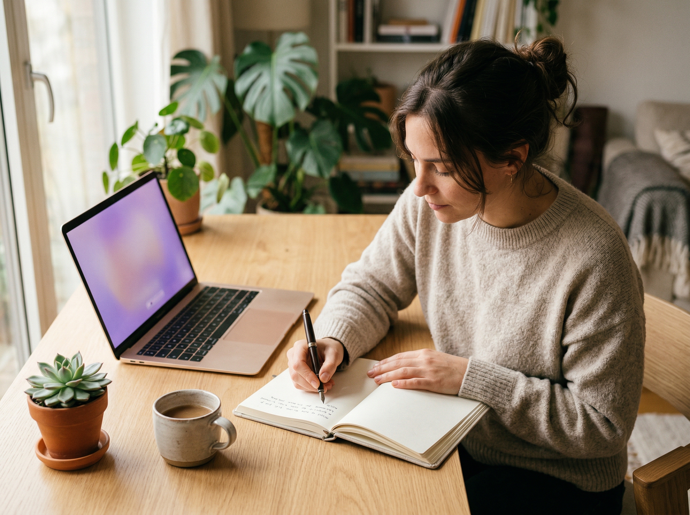 Person writing in journal next to laptop in a calm home setting