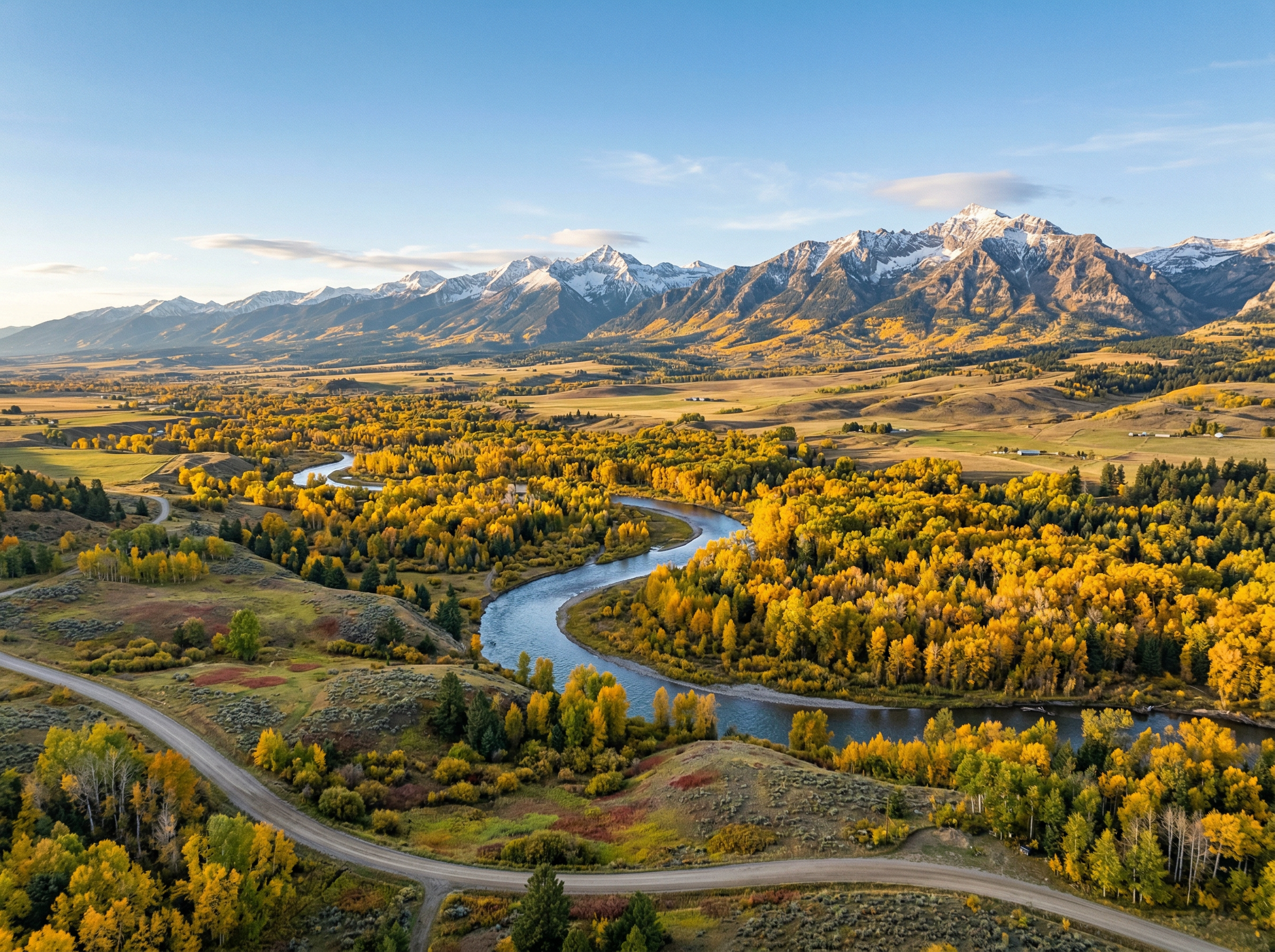 Aerial view of Montana valley in peak fall foliage with golden cottonwoods along winding river