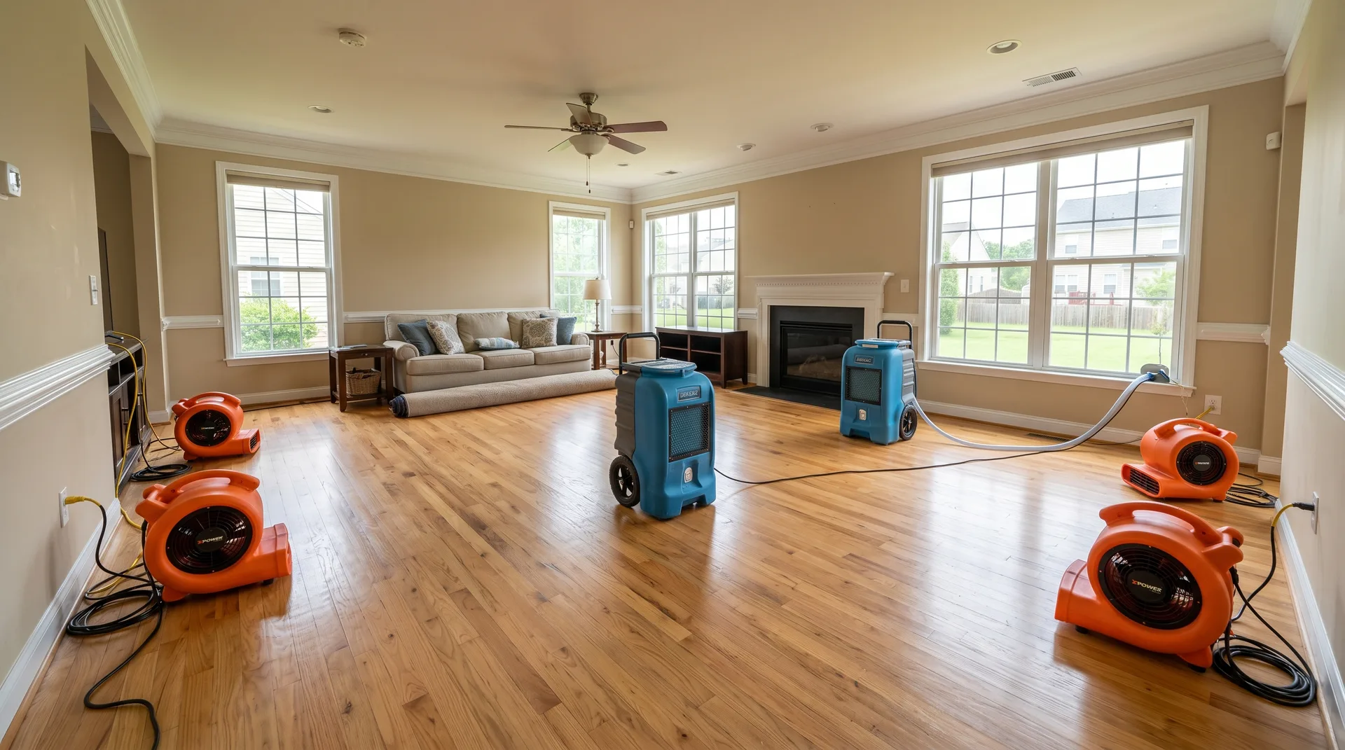 Water damage restoration drying equipment set up in Hampton Roads home