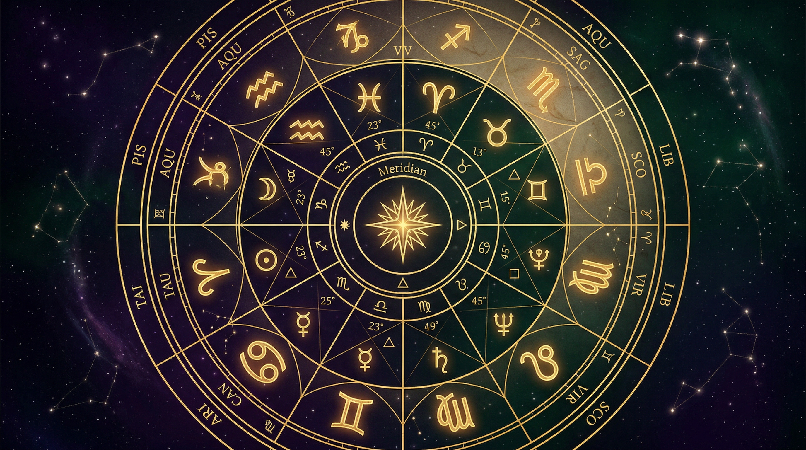 Ornate golden astrology birth chart wheel with zodiac symbols on a deep cosmic background
