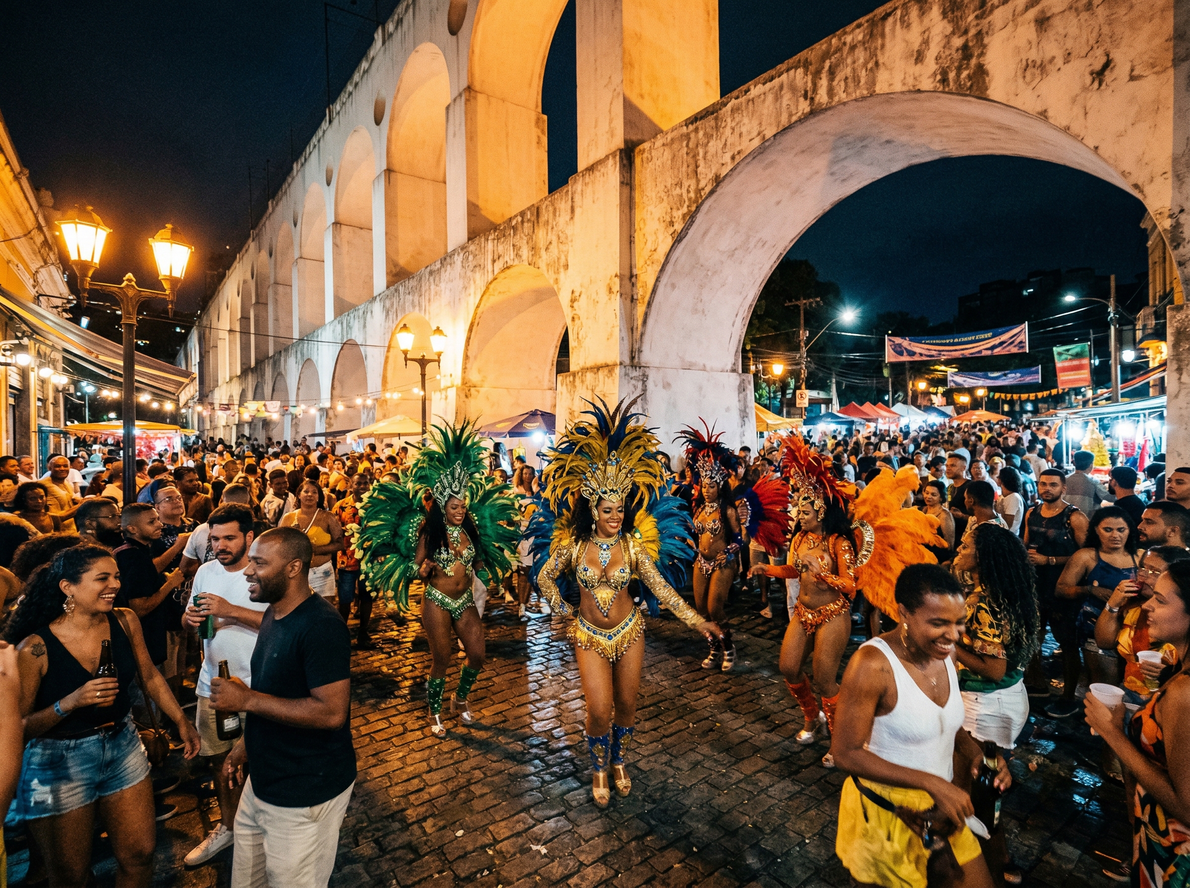 Lapa district nightlife with samba dancers in colourful costumes under the colonial Arcos da Lapa aqueduct