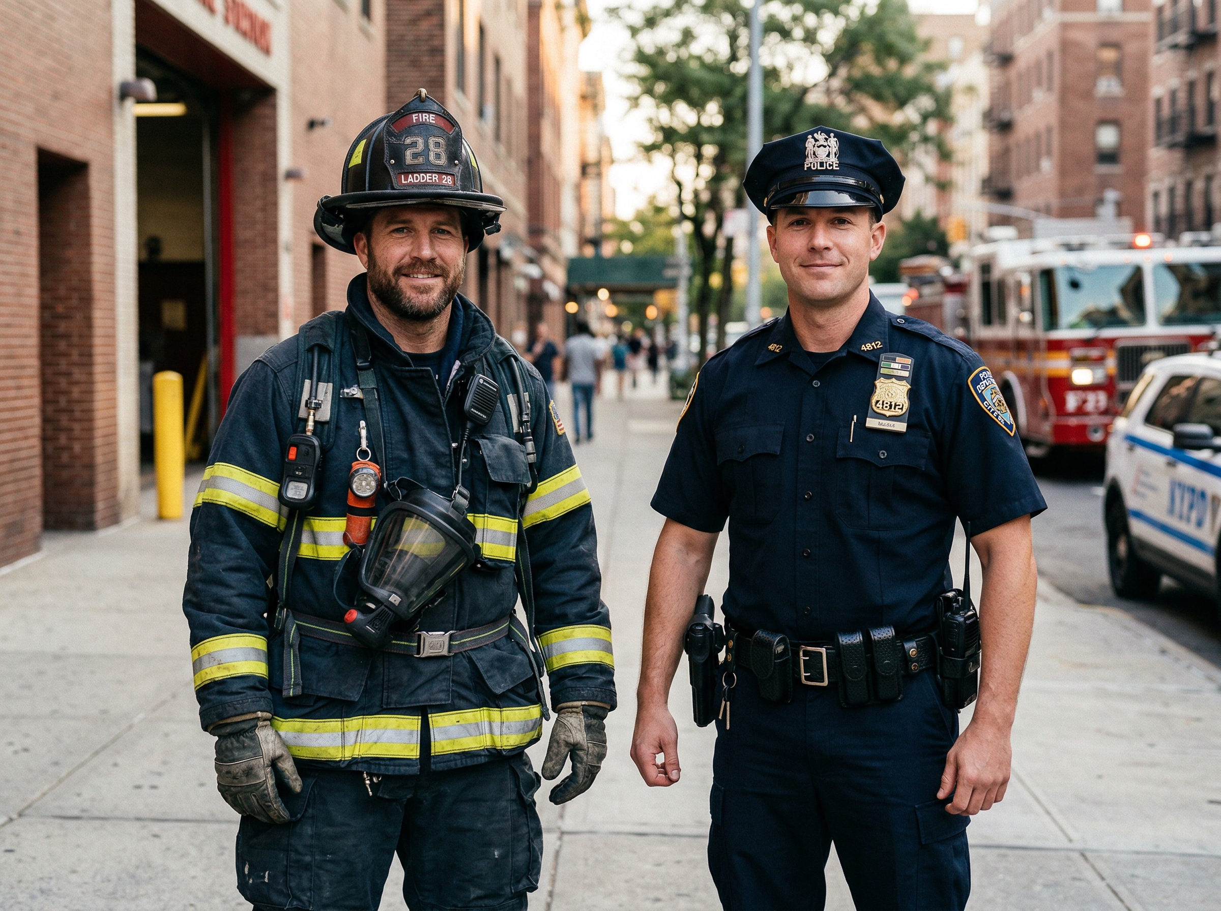 Firefighter and police officer in uniform representing the first responders supported by Responder Relief Fund