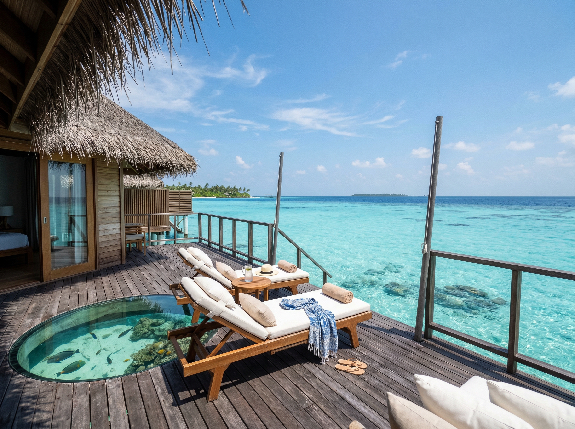 Overwater villa deck with sun loungers, glass floor panels and turquoise lagoon views at Outrigger Maldives