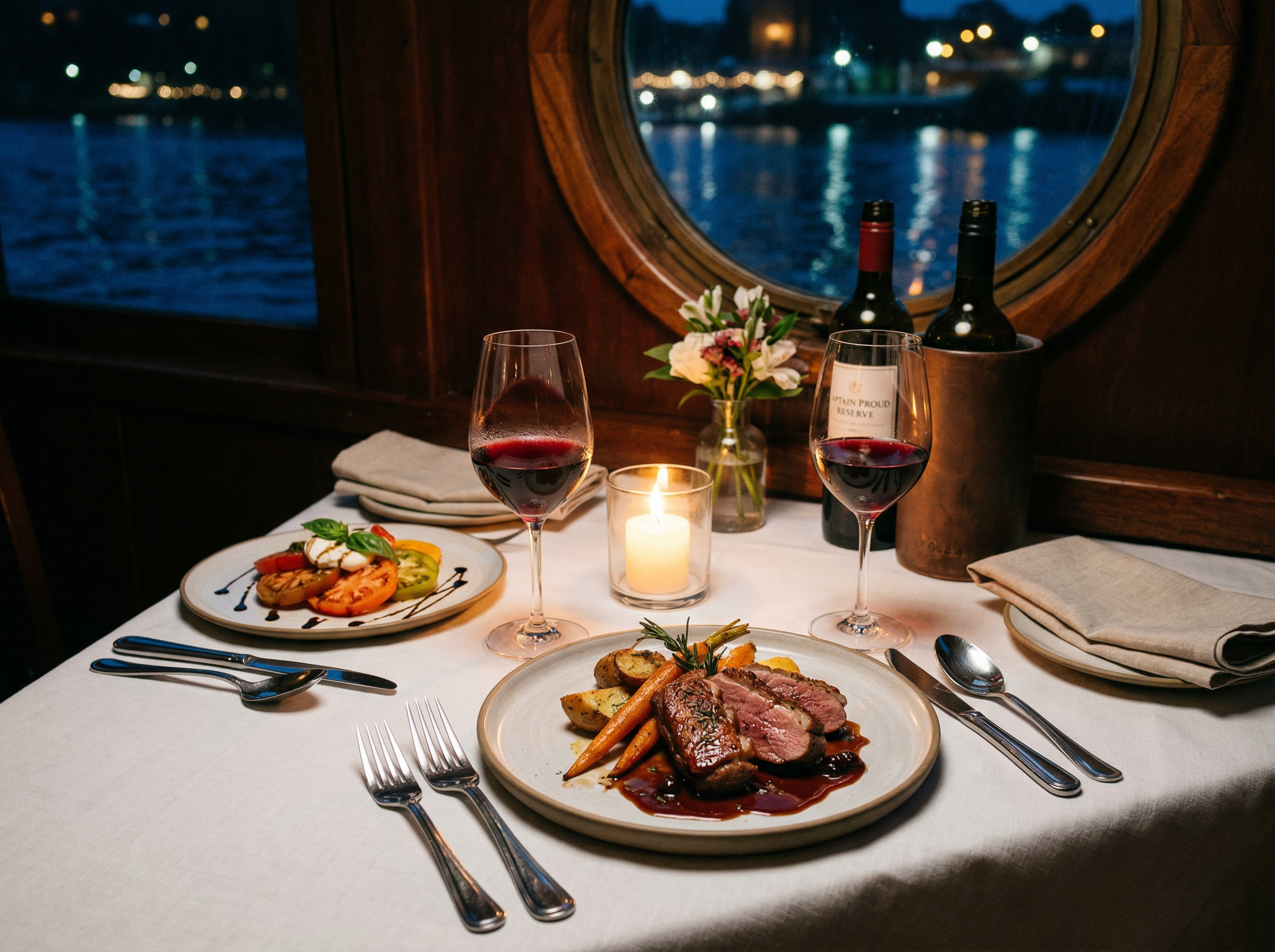 Elegant 2-course dinner served on the Captain Proud with river views