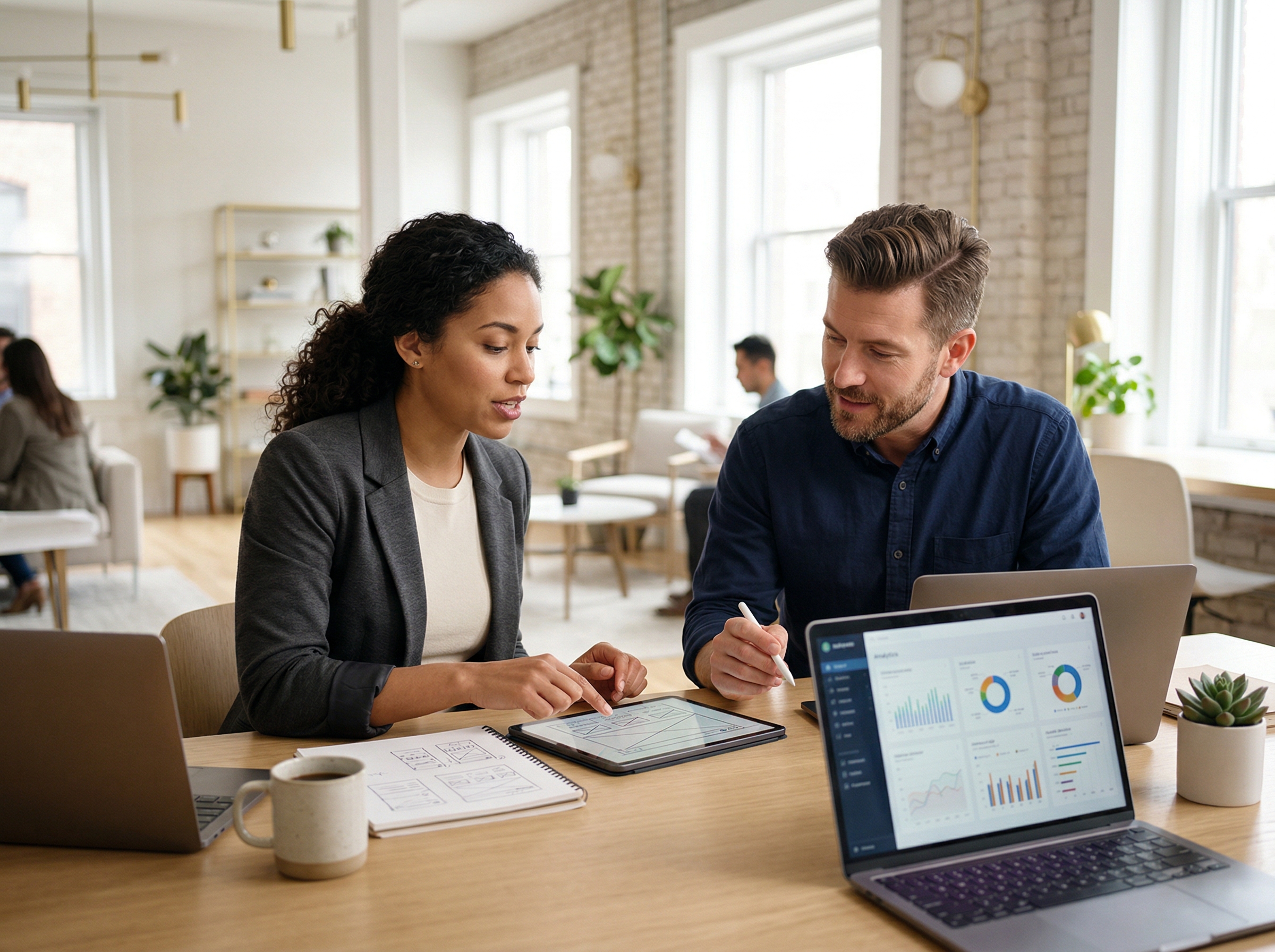 Web designers and SEO professionals collaborating on a project
