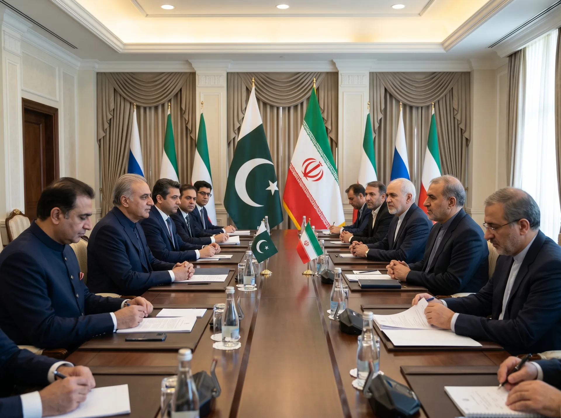 Pakistan and Iran diplomats at a formal diplomatic meeting