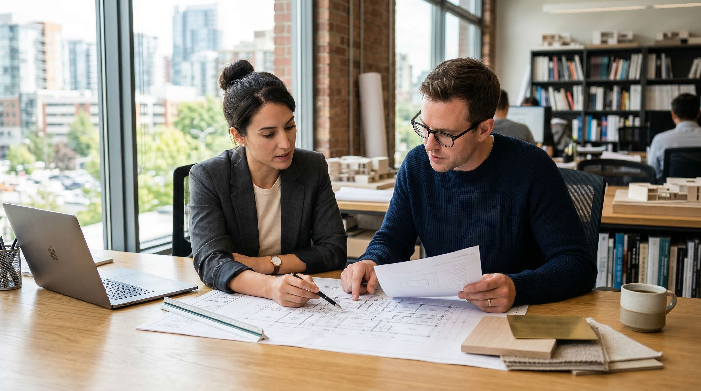 Architect reviewing movable wall specification drawings